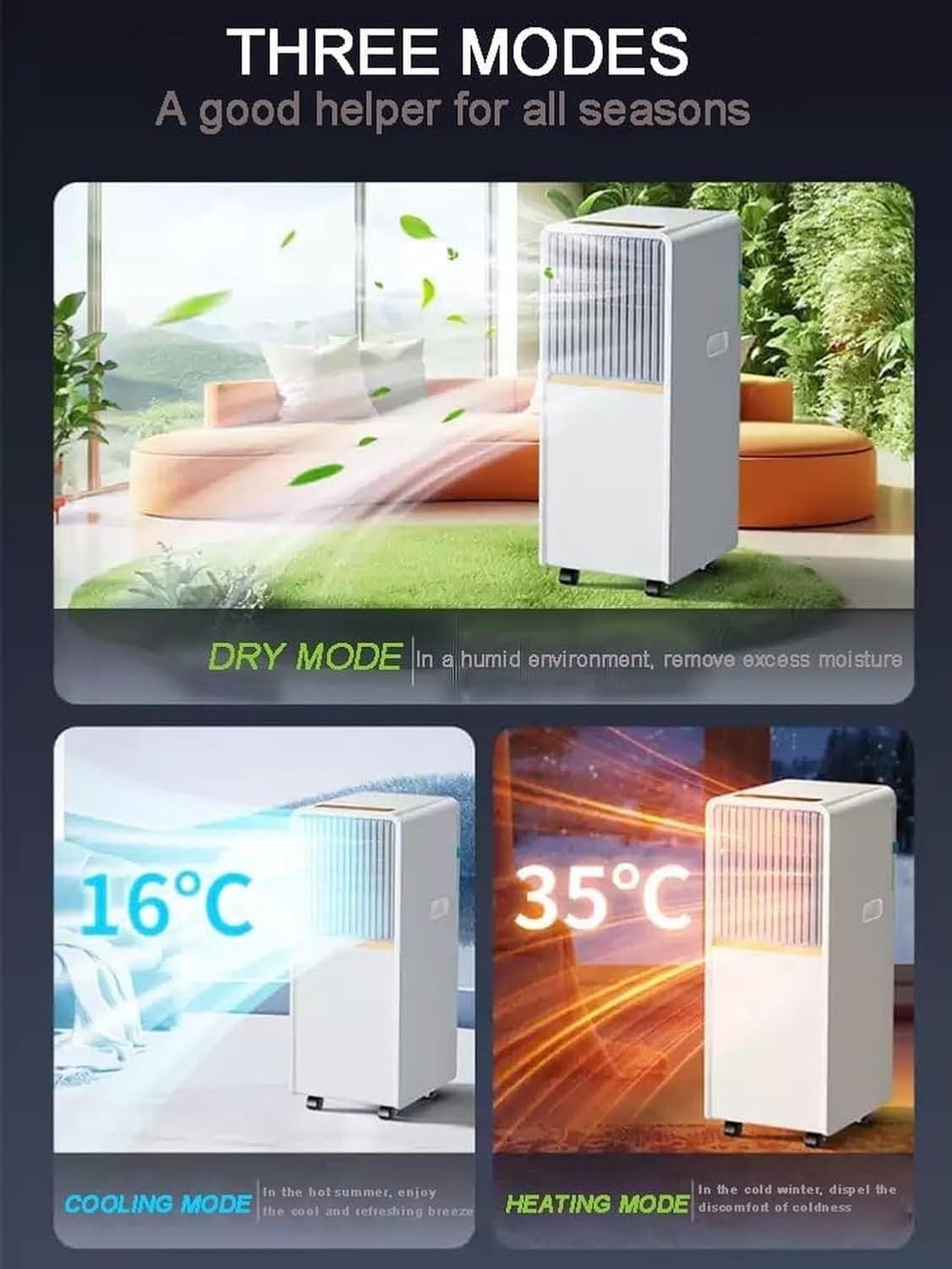 Aire Acondicionado Portátil 12000 BTU 4-en-1 Enfriar Ventilador Deshumidificador Calefacción Pantalla Digital Mando Distancia Kit Hose Ventana para Habitaciones