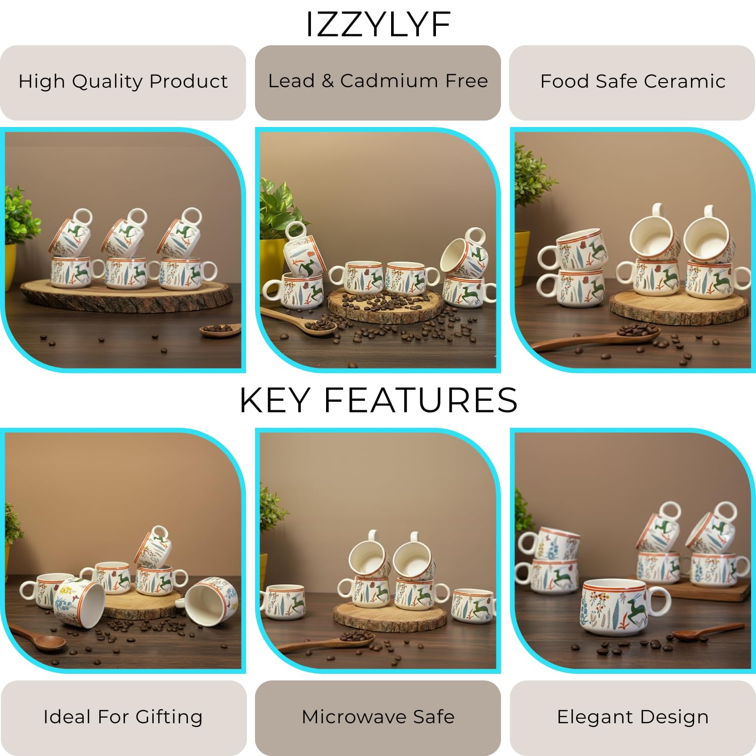 IZZYLYF 'Green Deer' Ceramic Tea Cups Set of 6 (150 ml Each) with Handle | Microwave & Dishwasher Safe | Elegant Cups for Tea Coffee Chai | Stylish Drinkware for Home Office Cafe Serving and Gifting 2
