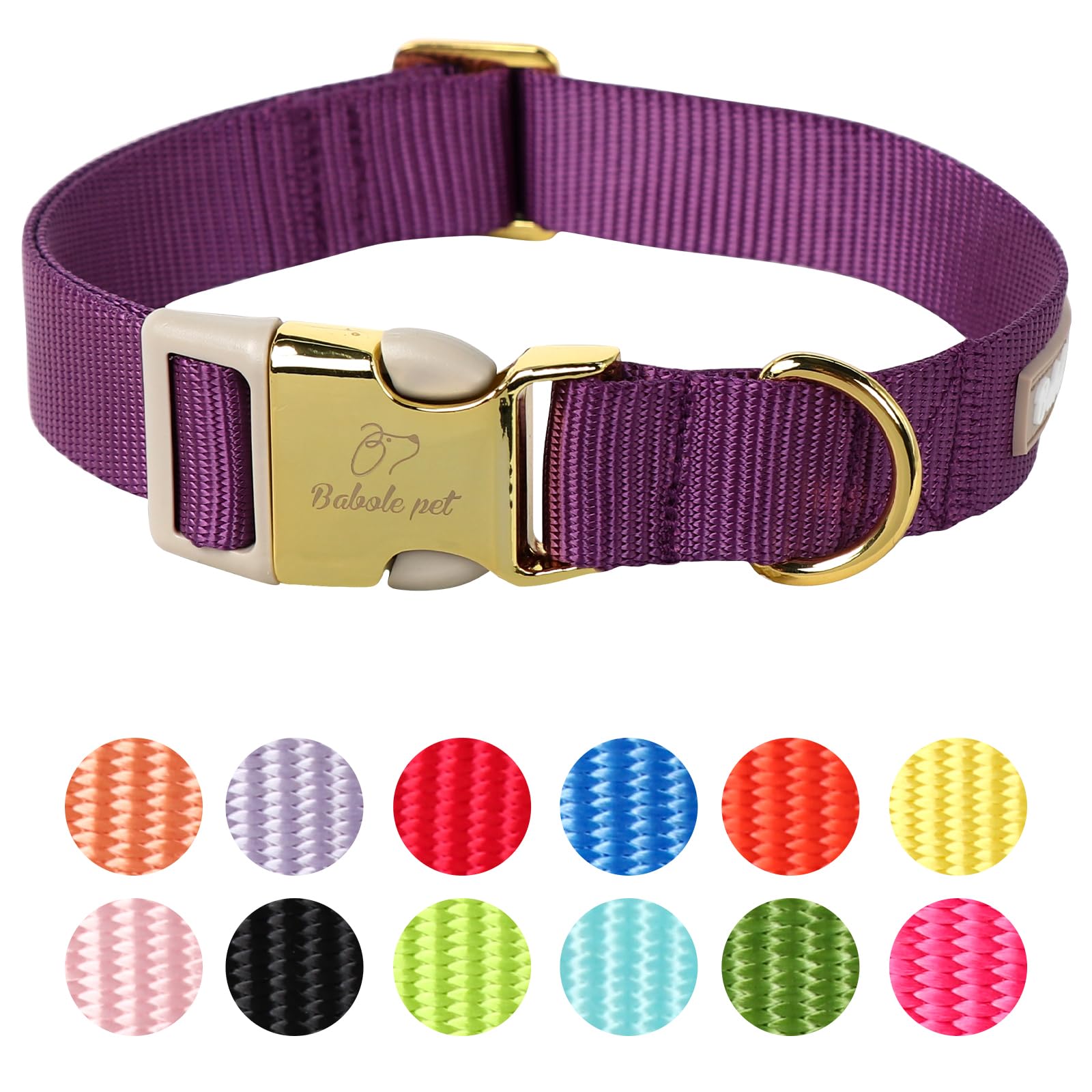 Babole Pet Nylon Dog Collar - Adjustable Deep Purple Soft Webbing Dog Collars for Small Medium Large Dogs Boy Girl Puppy Collar with Safety Metal