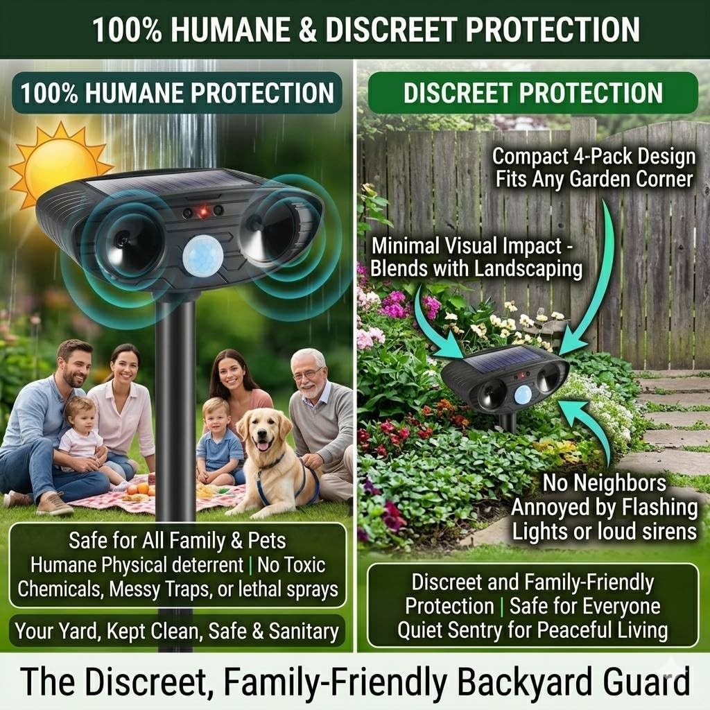 4Pack Solar Cat Repellent Ultrasonic Outdoor,2026 Ultrasonic Animal Repellent for Yard&Garden,IP65 Waterproof Motion Activated Deterrent,Animal Device to Keep Stray Cats,Deers,Raccoons Away from Lawn