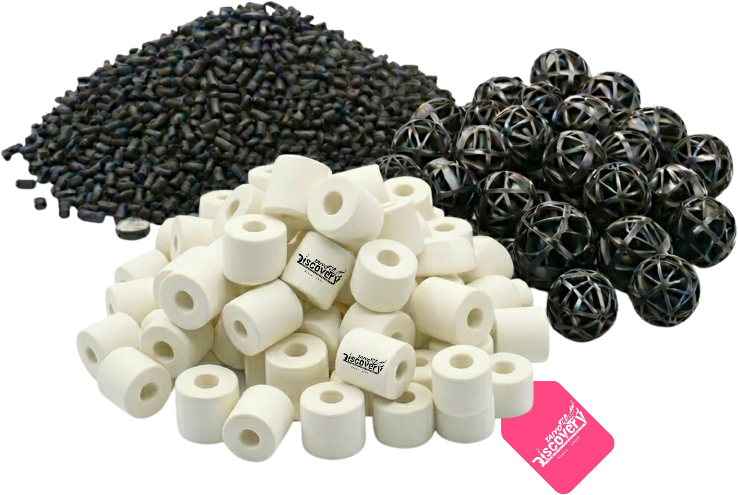 Taiyo Pluss Discovery Filter Media Combo - 50 pcs Bio Balls + 500 g Ceramic Rings + 500 g Activated Carbon + Free NET Bags | 3 in 1 Bio Sponge Media for Clear Water & Healthy Aquarium Fish Tank