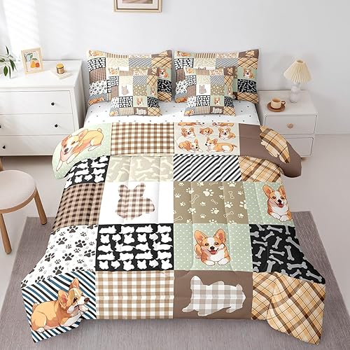 Erosebridal 7 Piece Kids Corgi Dog Bedding Set Twin Comforter Set,Lovely Puppy P