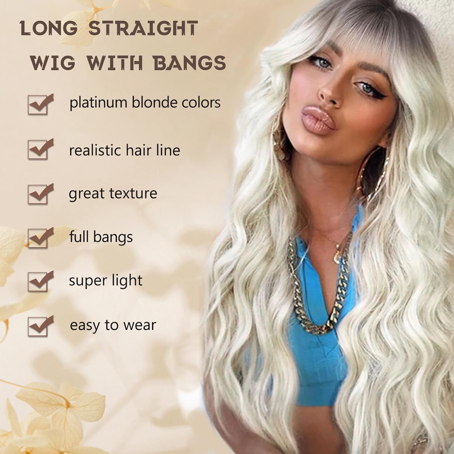 Platinum Blonde Wig with Bangs for Women Long Wavy Wigs 26 Inch Platinum Blonde Wigs Natural Looking Heat Resistant Synthetic Wig for Daily Party Use - Image 2
