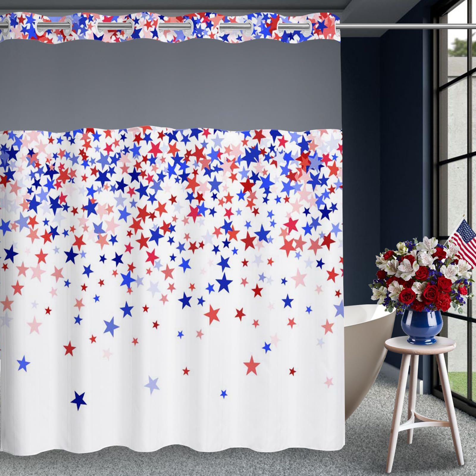 MEHOFOND No Hook 4th of July Shower Curtain, American Flag Shower Curtain,Red White and Blue Fabric Curtains,Patriotic Independence Day Holiday Bathroom Decor Curtain with Snap in Liner, 71X74in