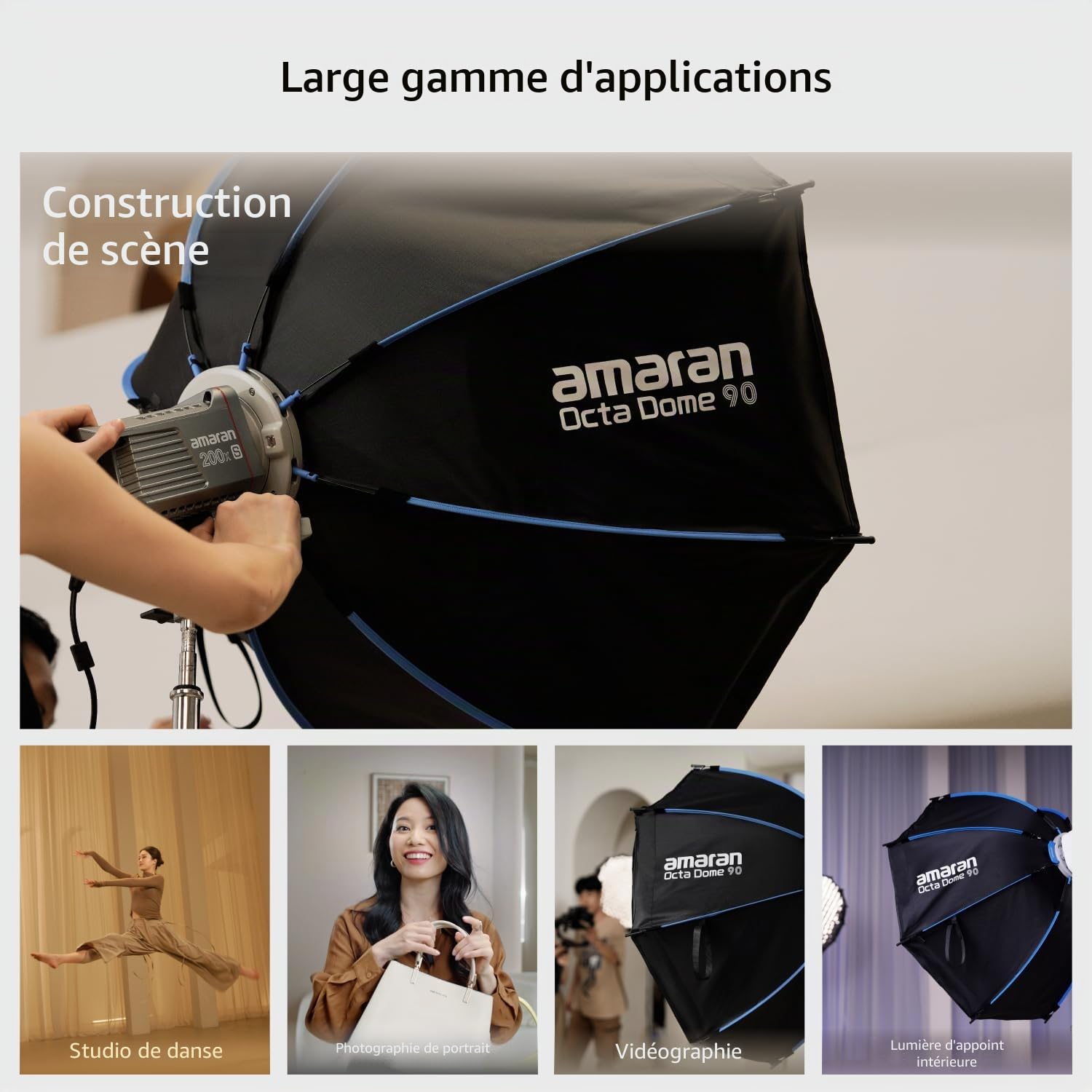 Amaran Octa Dome 90 Softbox Octogonale à Monture Bowens, Modificateur de Lumière à Installation Rapide avec Diffusion & Grille pour Portraits & Interviews en Studio, Portable avec Sac