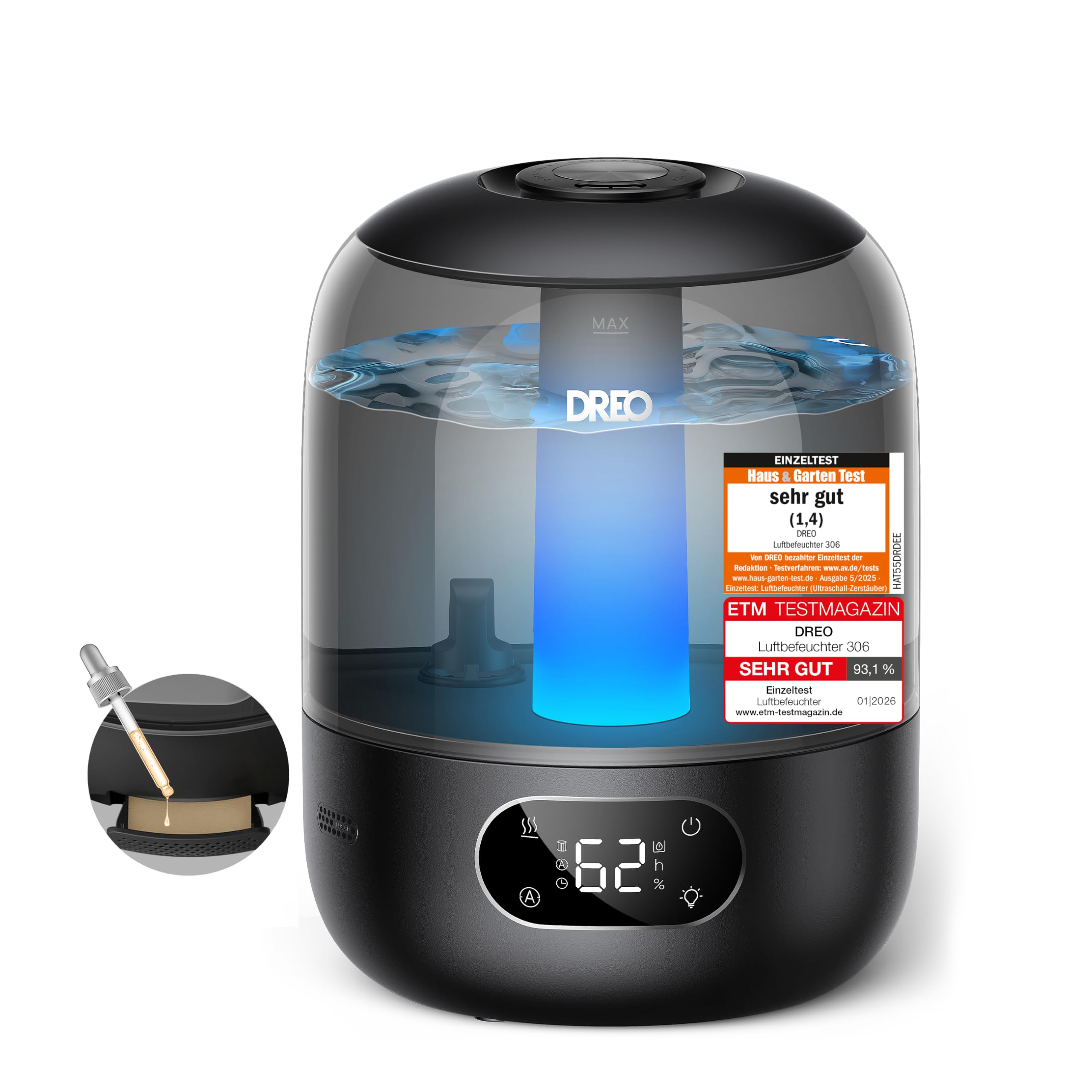 Dreo Luftbefeuchter Luftbefeuchter Kaltnebel-Ultraschall 3L Top-Fill Tank, Nachtlicht, Aromapad-Fach