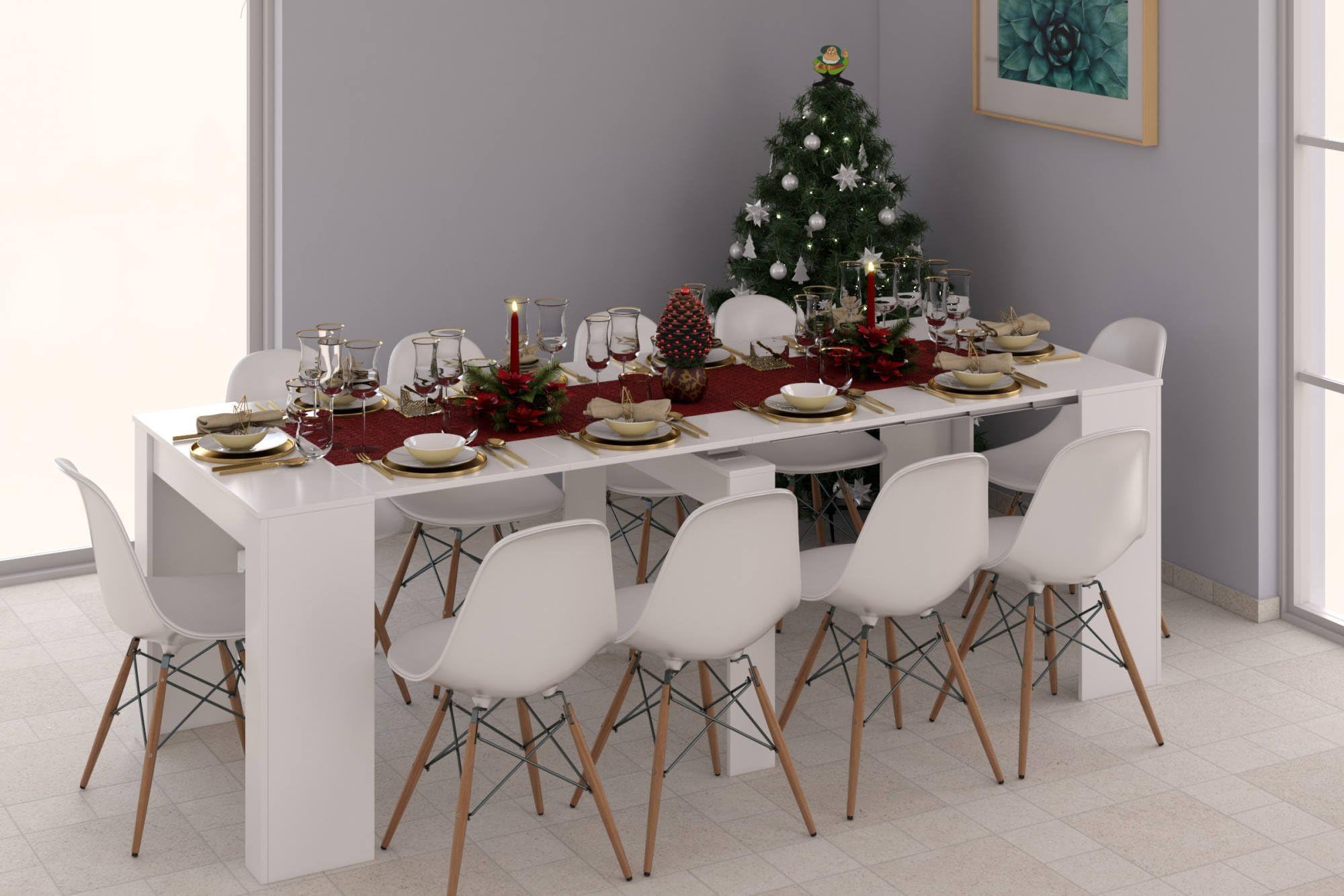 Dmora - Consolle Compton, Tavolo da pranzo allungabile, Tavolo con allunghe multiuso estensibile fino a 10 posti, 51/237x90h78 cm, Bianco Lucido