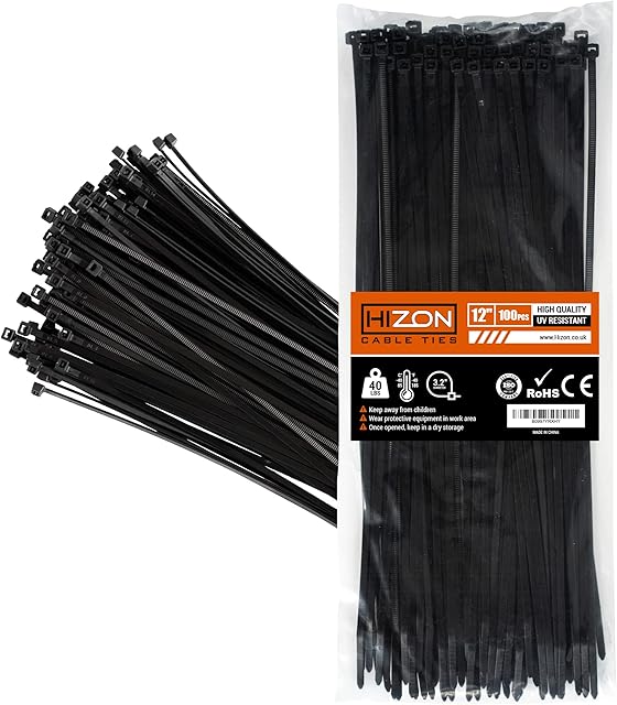 Hizon 100 Pack of Black Cable Ties, 300mm x 3.6mm, 12" Premium Tie Wraps, Nylon Zip Ties, Perfect for Home, Office, Garage and Workshop