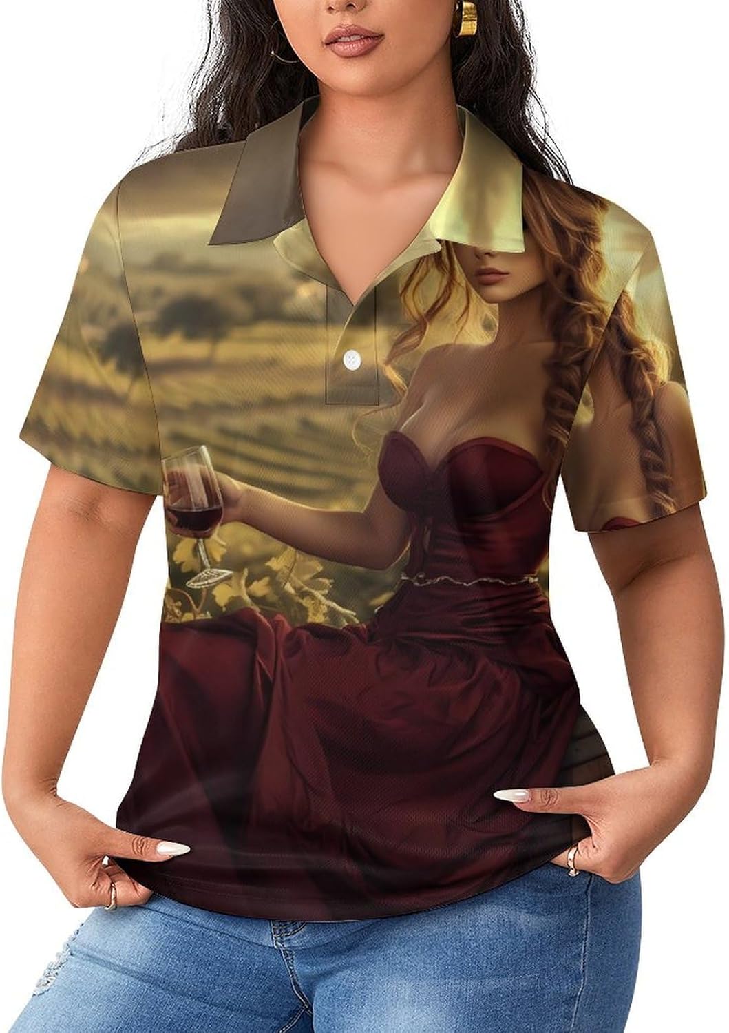 Beautiful Woman Sitting on Wine Barrel Women's Golf Polo Shirts Short Sleeve Quick Dry Tennis Tops Casual Work Blouses