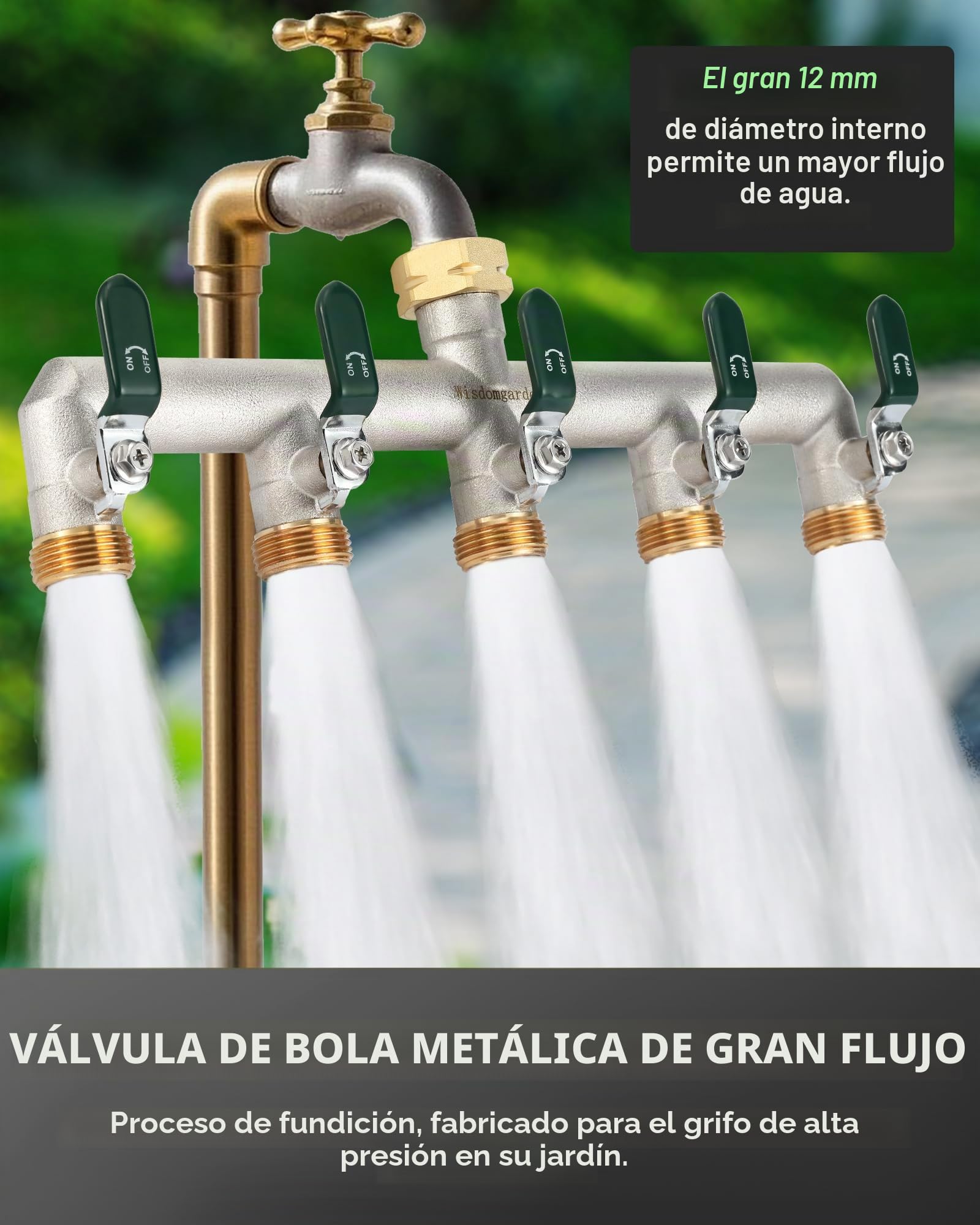 Repartidor de agua de 5 vías, 5 vías, en latón niquelado, para grifo de jardín, 5 vías, con manijas verdes, resistente, conexión hexagonal con adaptadores de 1/2"