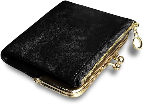 Cartera para mujer pequeña plegable Rfid Mini monedero vintage con cremallera y cierre de beso (negro)
