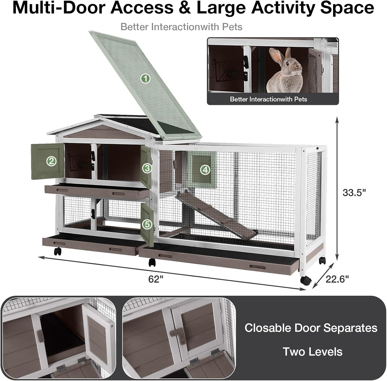 62″ 2-Story Large Rabbit Hutch with Chew-Proof Ramp, 3 Leakproof Trays, Waterproof Roof, 6 Lockable Wheels for Rabbits & Guinea Pigs (Brown)