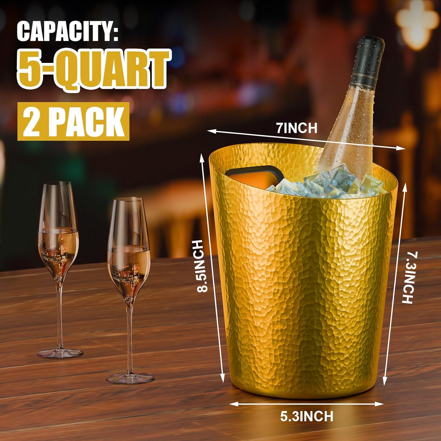 2 Pcs Gold Metal Champagne Bucket 4. 7 l Stainless Steel Doublewall Wine Ice Bucket for Bar, Party, Wedding, Banquet, Outdoor BBQ(Beveled Mouth Hammer)