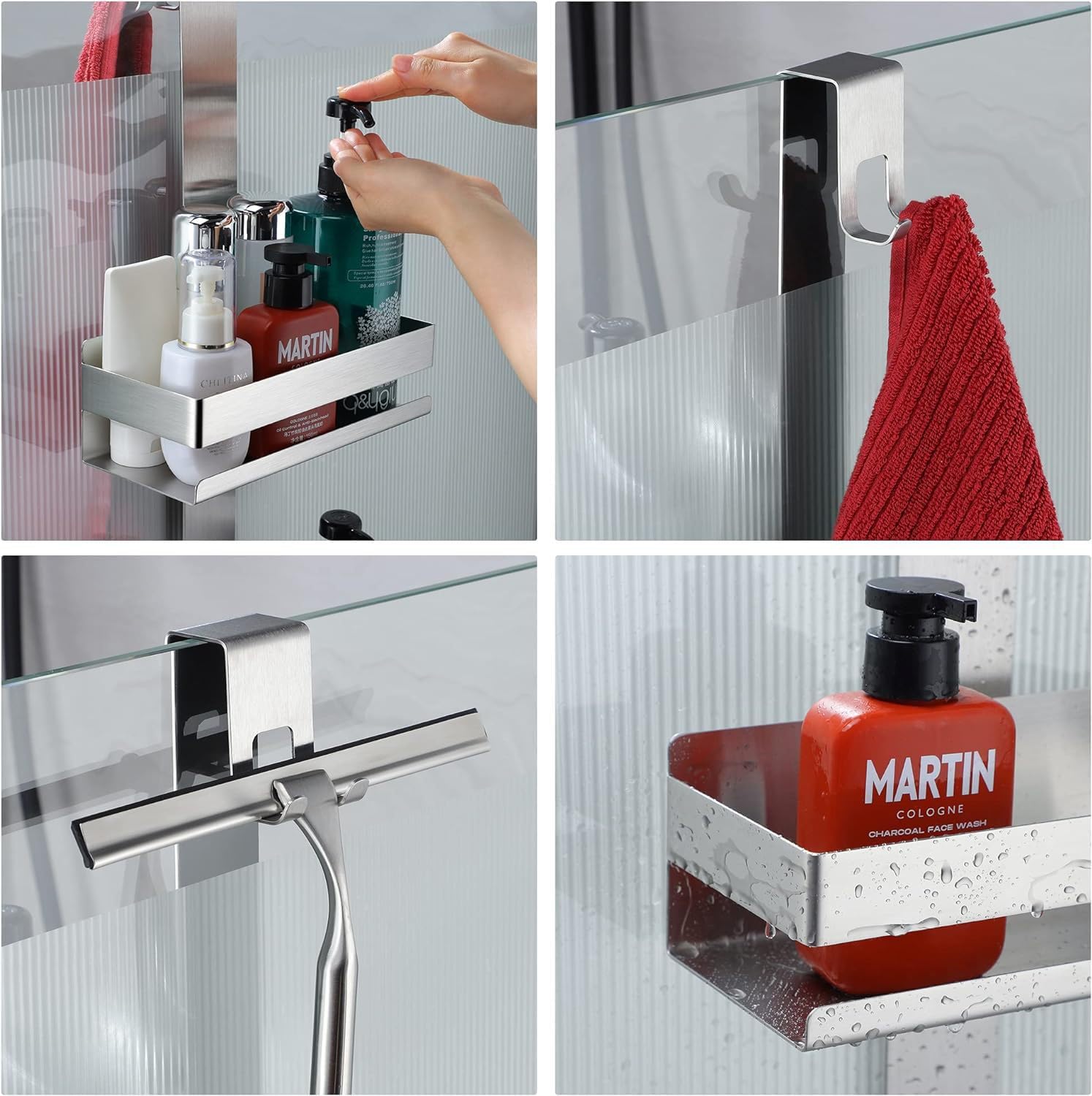 Mensola Doccia da Appendere, Mensola Doccia Senza Fori per Porta Doccia Senza Telaio in Vetro, Cestino Doccia in Acciaio Inox da Appendere per Porta Doccia in Vetro, Organizzatore da Bagno