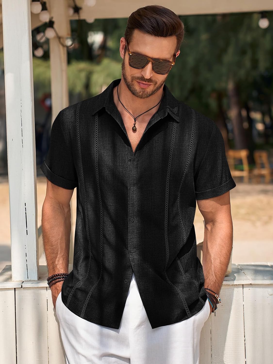 Runcati Mens Guayabera Shirts Short Sleeve Casual Cuban Linen Shirt Button Down Beach Summer Mexican Shirts - Image 3