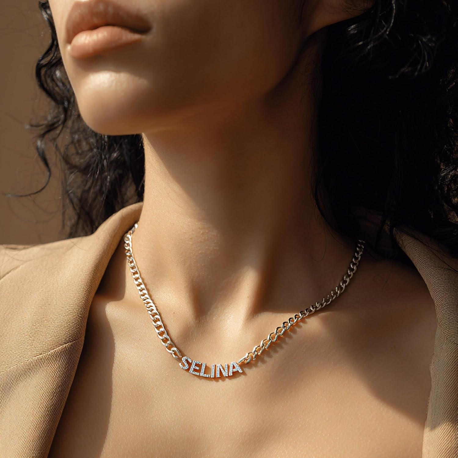 925 Sterling Silver Custom Diamond Necklace, Initial Letter Rhinestone Pendant with Cuban Link Chain for Her