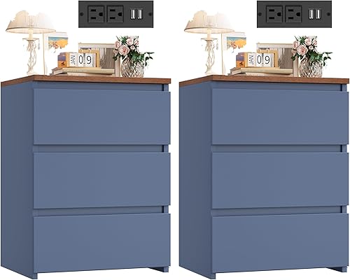 Miniatura 14 de FOTOSOK Juego de 2 mesitas de noche, mesita de noche de 26" de altura con estación de carga, juego de 2 mesitas de noche con puertos USB y tomas de