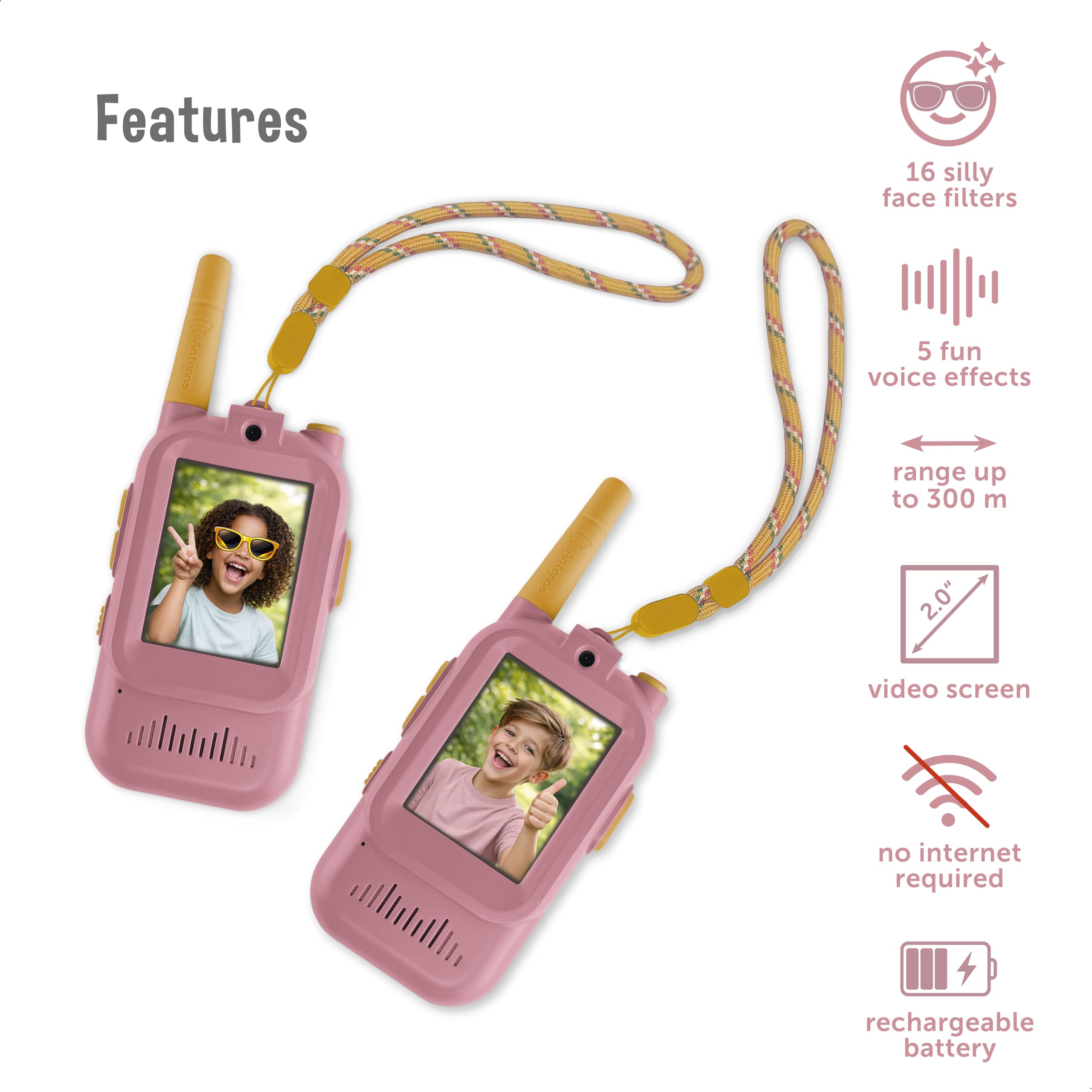 ZAZU Video Walkie Talkie für Kinder mit Kamera – 2er Set, 300m Reichweite, 2.0” Bildschirm, USB wiederaufladbar, 5 Stimmeffekte & 16 Filter – Funkgerät mit Video für Indoor & Outdoor (Rosa)