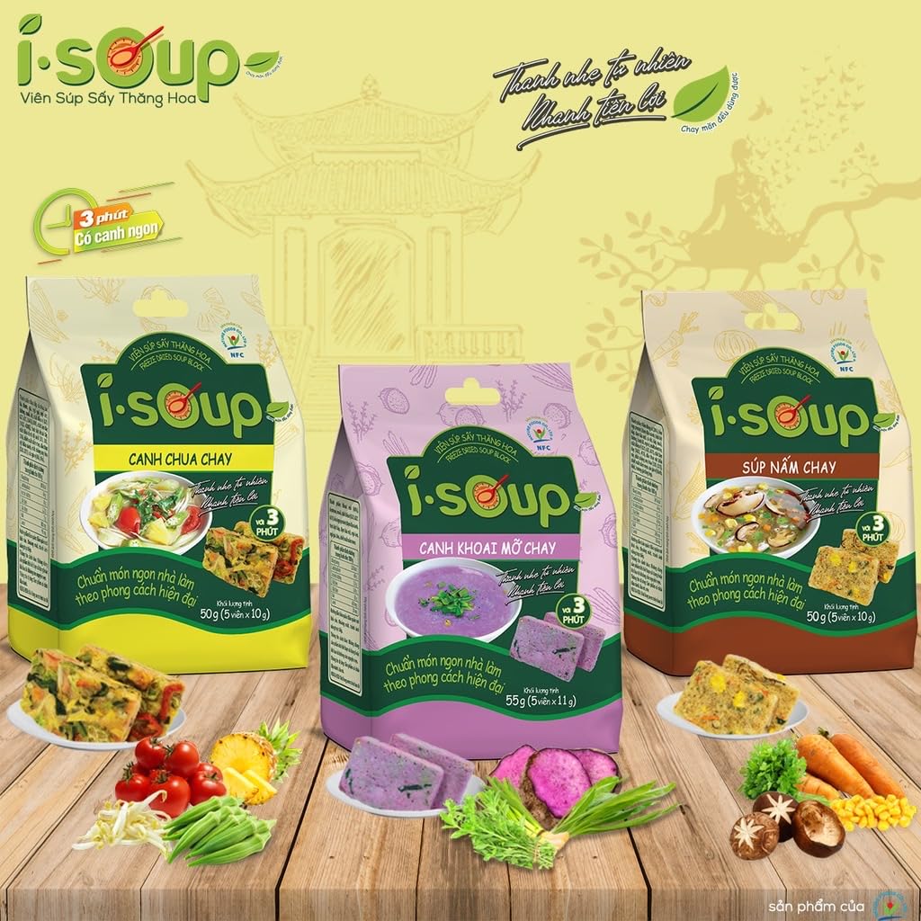 Set 3 Canh I-Soup Vegetarian Instant Soup Mix Variety Pack, 3 Flavors, Canh Chua Chay-Canh Khoai Mo - Sup Nam – Ready to Eat Vietnamese Style