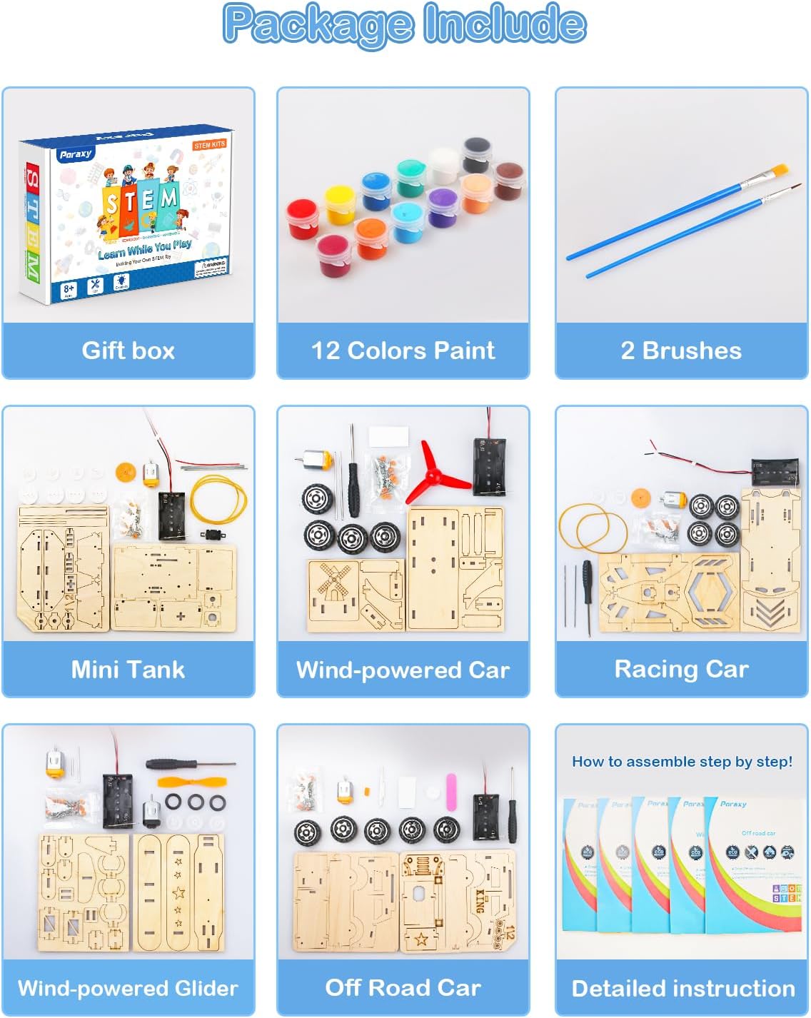 Poraxy STEM Kits for Kids Age 8-10, 5 Set STEM Toys for Boys Age 8-12, Wooden 3D Puzzles Model Car Kits, Science Kit Crafts Building Project, Birthday Gifts for 6 7 8 9 10 11 12 13 Year Old Boys Girls