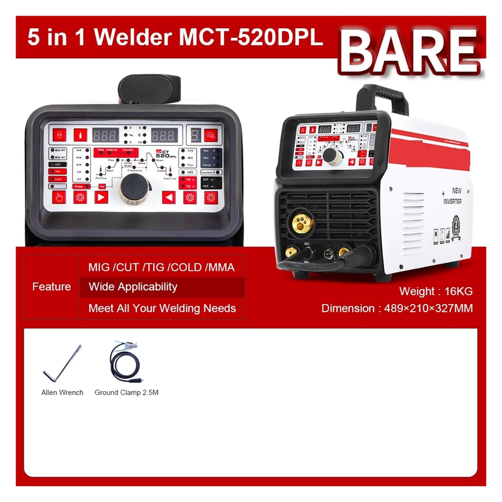 Półautomat Spawalniczy TIG Pulse CUT MMA COLD MIG/MAG Spawanie Strumieniowe 5 W 1 Wielofunkcyjna Spawarka MIG Wysoka Wydajność I OszczęDność Energii(MCT-520DPL Bare)