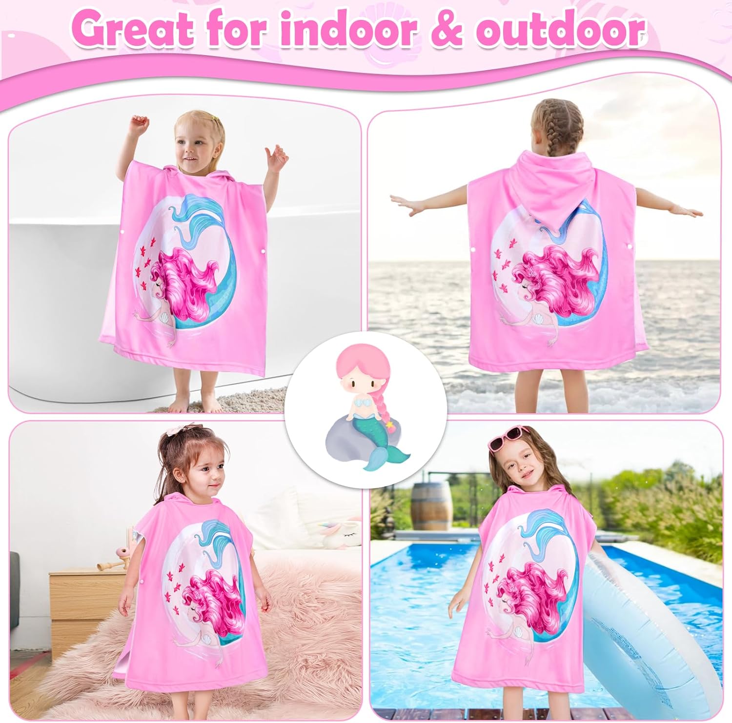 HUANLANG Kids Hooded Beach Towel for Boys Girls,Bath Pool Beach Poncho Towels Super Soft & Absorbent Cotton Towel Childrens Mermaid Beach Towels for Toddler 0-7 Years Old - Image 6