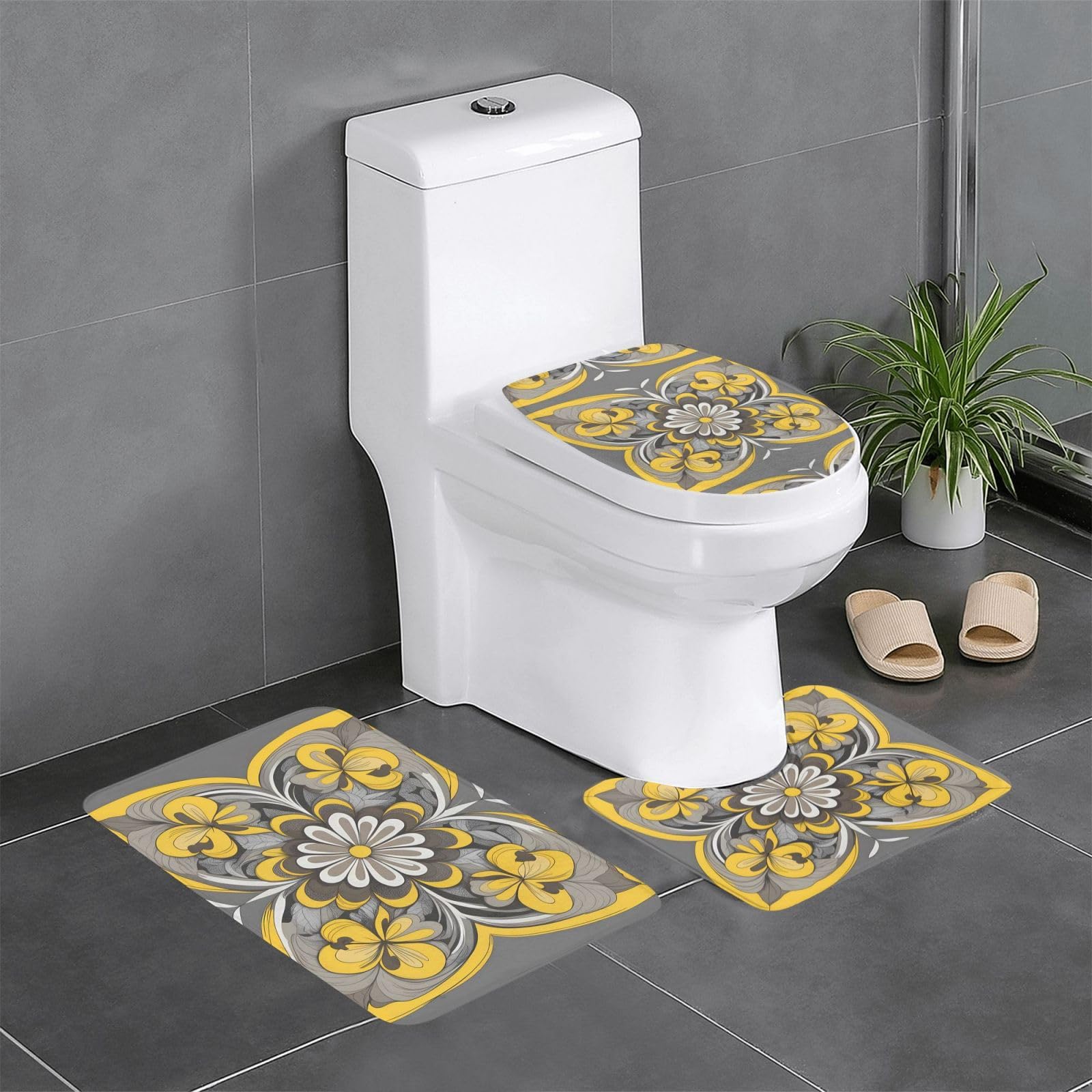 Tapis de salle de bain jaune et gris lot de 3 avec contour et tapis rectangulaire