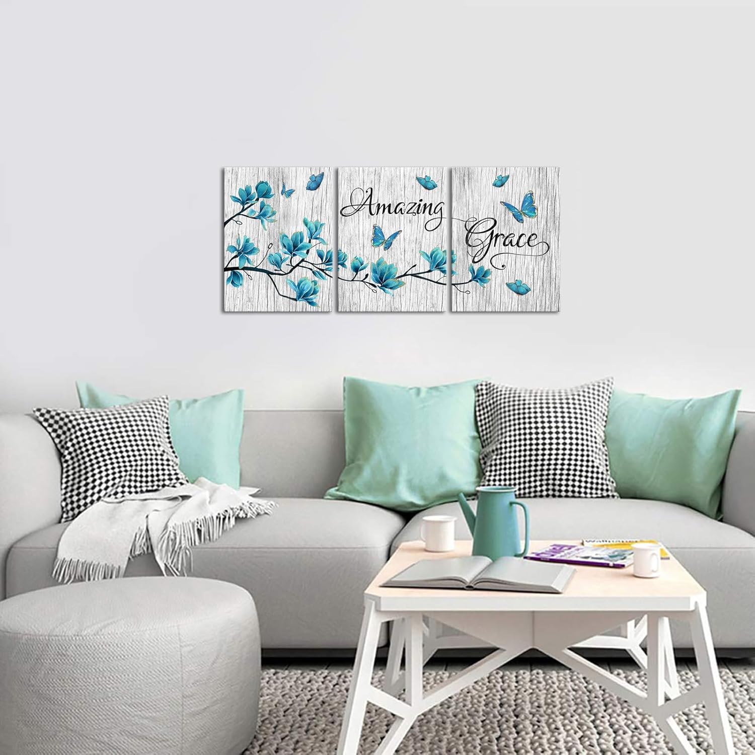 Welmeco 3 Pieces Turquoise Blue Magnolia Flowers Butterflies Painting Canvas Wall Art Amazing Grace Quote Sign Picture Rustic Wood Texture Giclee Prints Artwork for Modern Living Room Bedroom Office