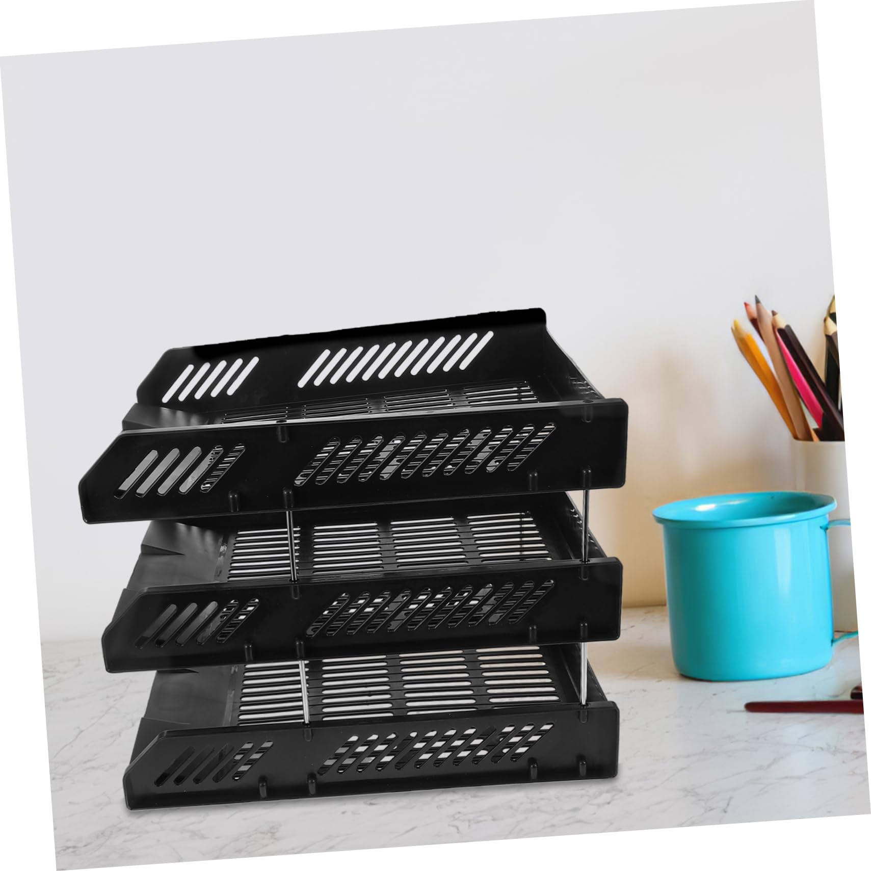Organizador de Papel de 3 Bandejas PP Negro para Oficina | Diseño de 3 Niveles Estructura de Orificios Redondos, Montaje Sencillo y Soporte Robusto, Apto para Escuela