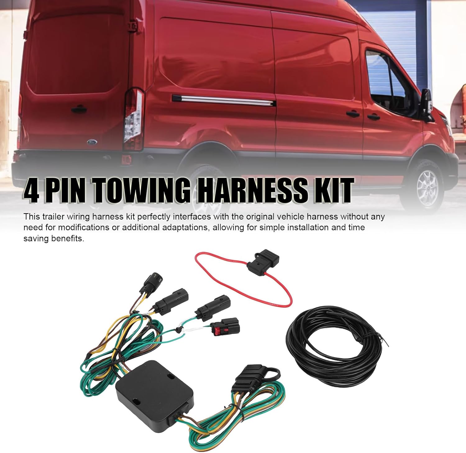 Eujgoov 4 Pin Trailer Wiring Harness Kit 56327 118643 4 Way Flat Towing Wire Replacement for Transit 150 250 350 HD Cargo Van Passenger Wagon Plug