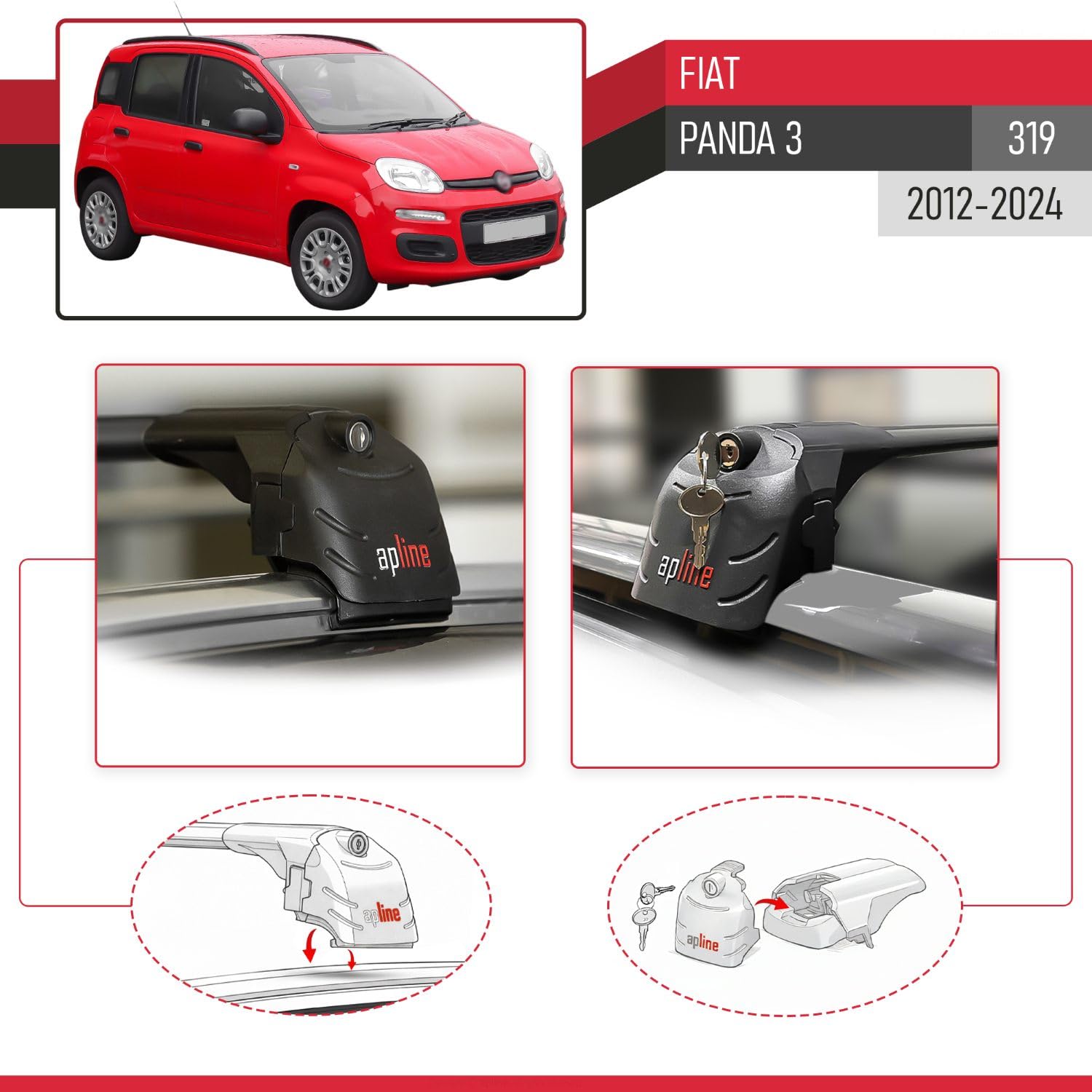 Compatible con Fiat Panda 3 (319) 2012-2024 Modelo Ace-2 Barra de Techo Auto Portaequipajes Barras Transversales Negro Aluminio 2 Barras