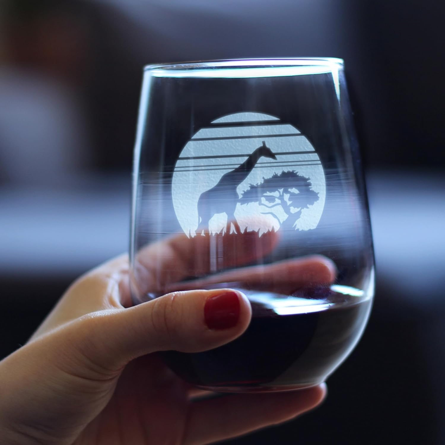Bevvee Giraffe Sunset Stemless Wine Glass - Fun Safari Themed Decor and Gifts for Lovers of African Wild Animals - Set of 2 - Large 17 Oz Glasses
