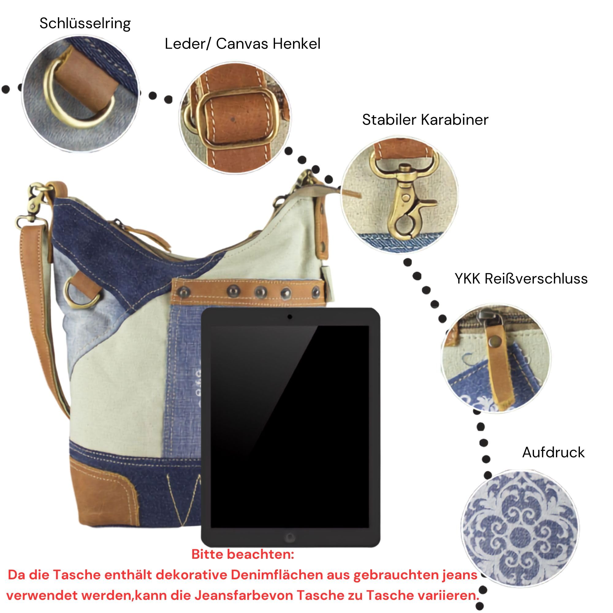 Sunsa Damen Hobo Bag. Nachhaltige Tasche aus Recyclete Jeans Canvas & Leder