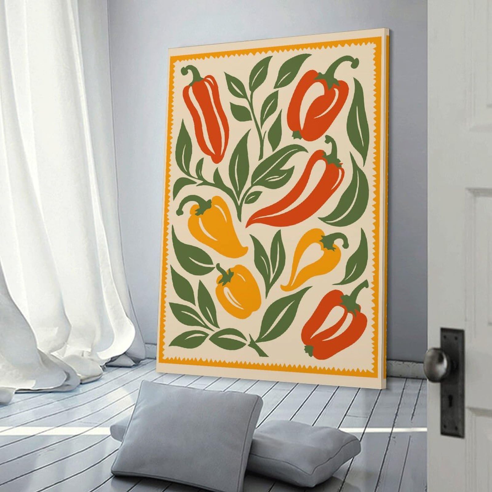 Junmoney Peppers And Leaves Pattern Illustration Canvas Wall Picture 12x18inch(30x45cm), for Study, Office Or Focused Interiors, Home Office Artwork with Decorative Appeal