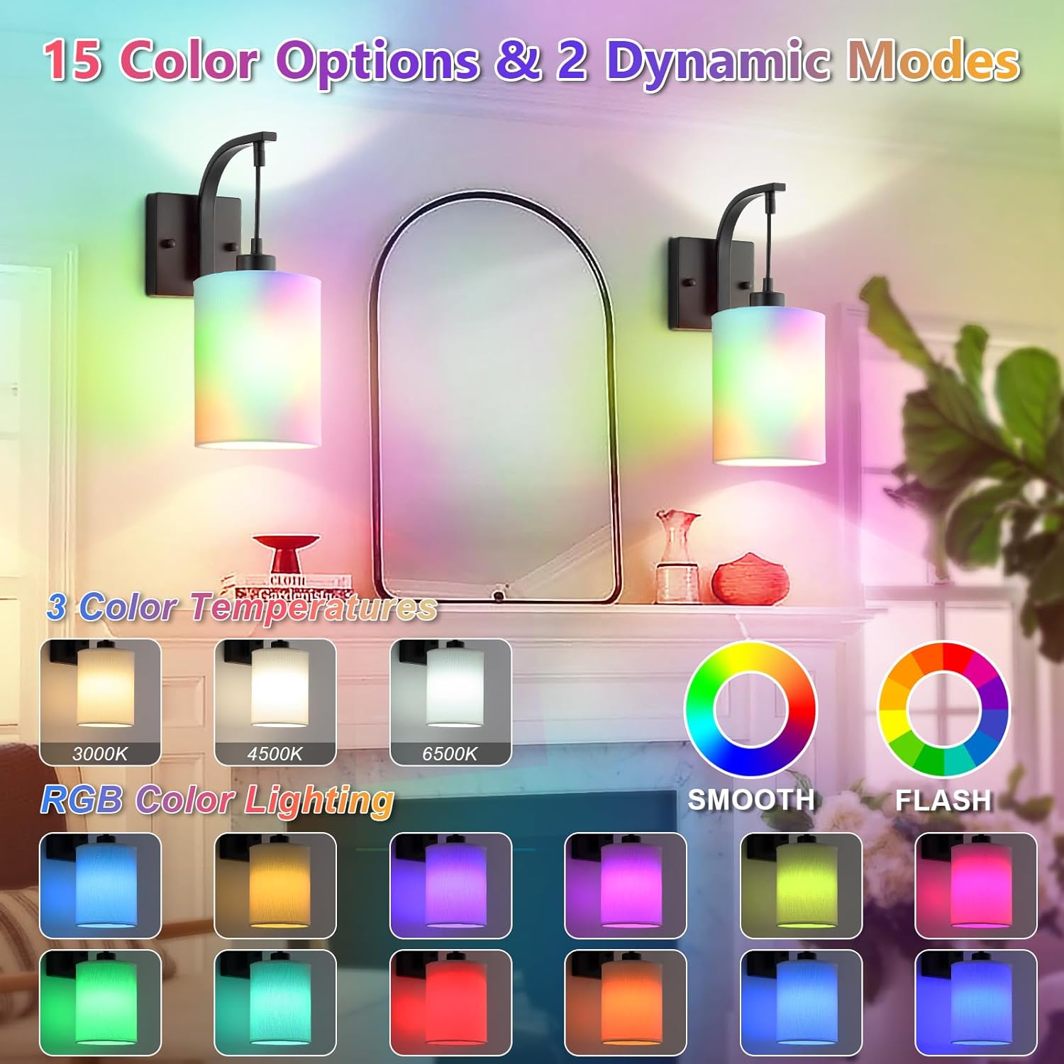 Battery Operated Wall Sconces Set of 2, Black Rechargeable Wall Sconces with Remote & Bulbs, Indoor Not Hardwired Wall Lights, 15 Colors Dimmable Cordless Wall Lamps for Living Room Bedroom Hallway