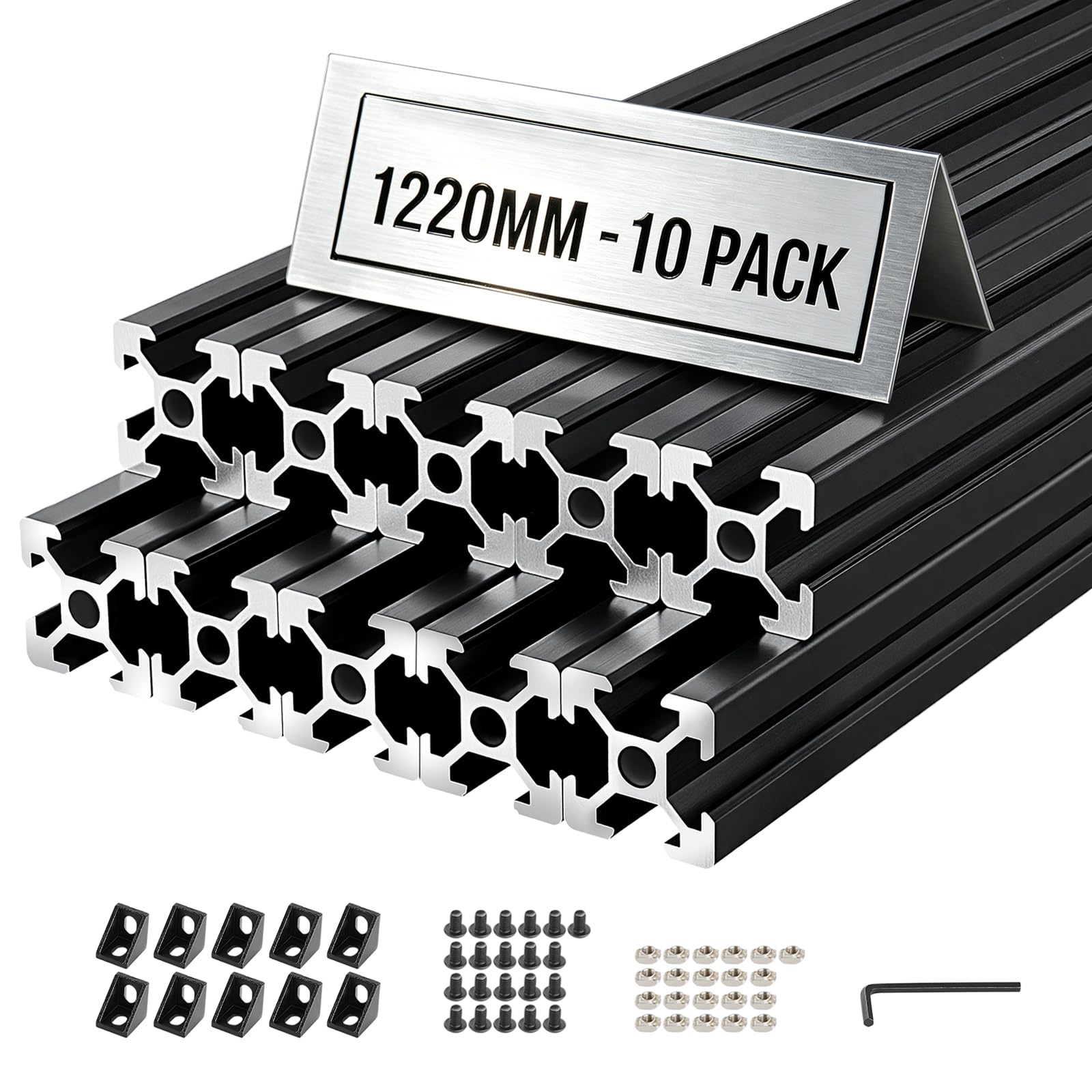 VEVOR Profilé Aluminium Extrudé 2020 10 PCS Profilé Alu Anodisé 1220 mm Rainure en T Standard Européen pour Châssis d'Imprimante 3D, Machine CNC, Mobilier, Établis, Bricolage, Haute Résistance, Noir