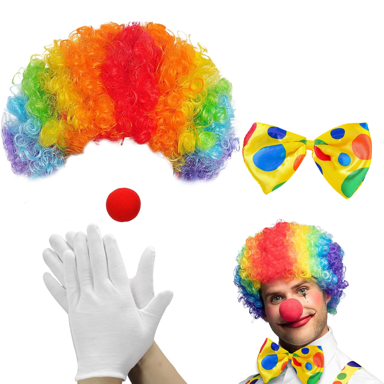 RJQZN 4 Pcs Colourful Clown Costume Set, Rainbow Wig with Red Nose, White Gloves and Bow Tie, Fancy Dress Outfit for Halloween, Carnival, Cosplay Party, Circus Show