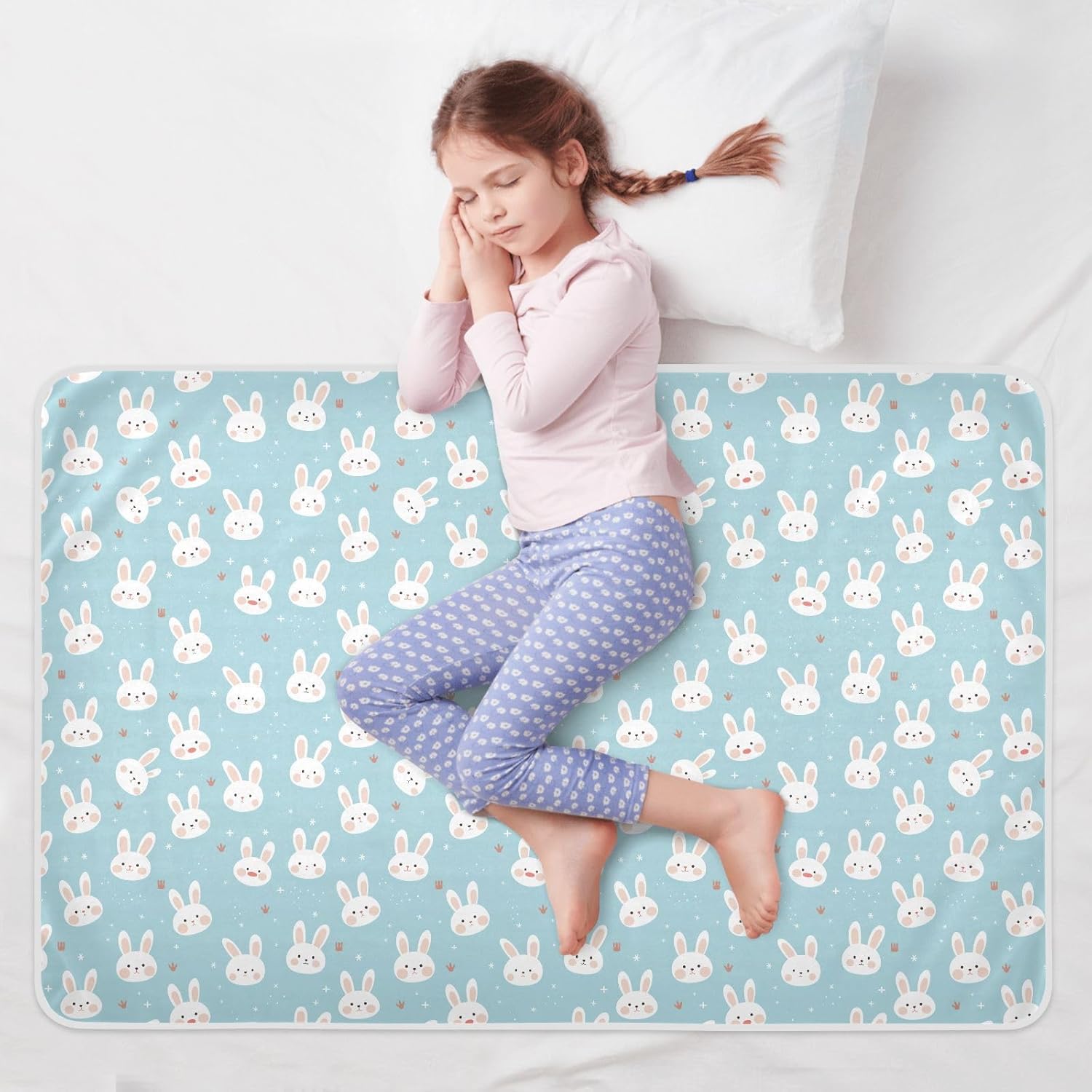 Cute Bunnies Blue Extra Large Resuable Potty Training Pad Waterproof Washable Bed Pad Portable Incontinence Pads for Kids Bedwetting , 52" L x 34" W