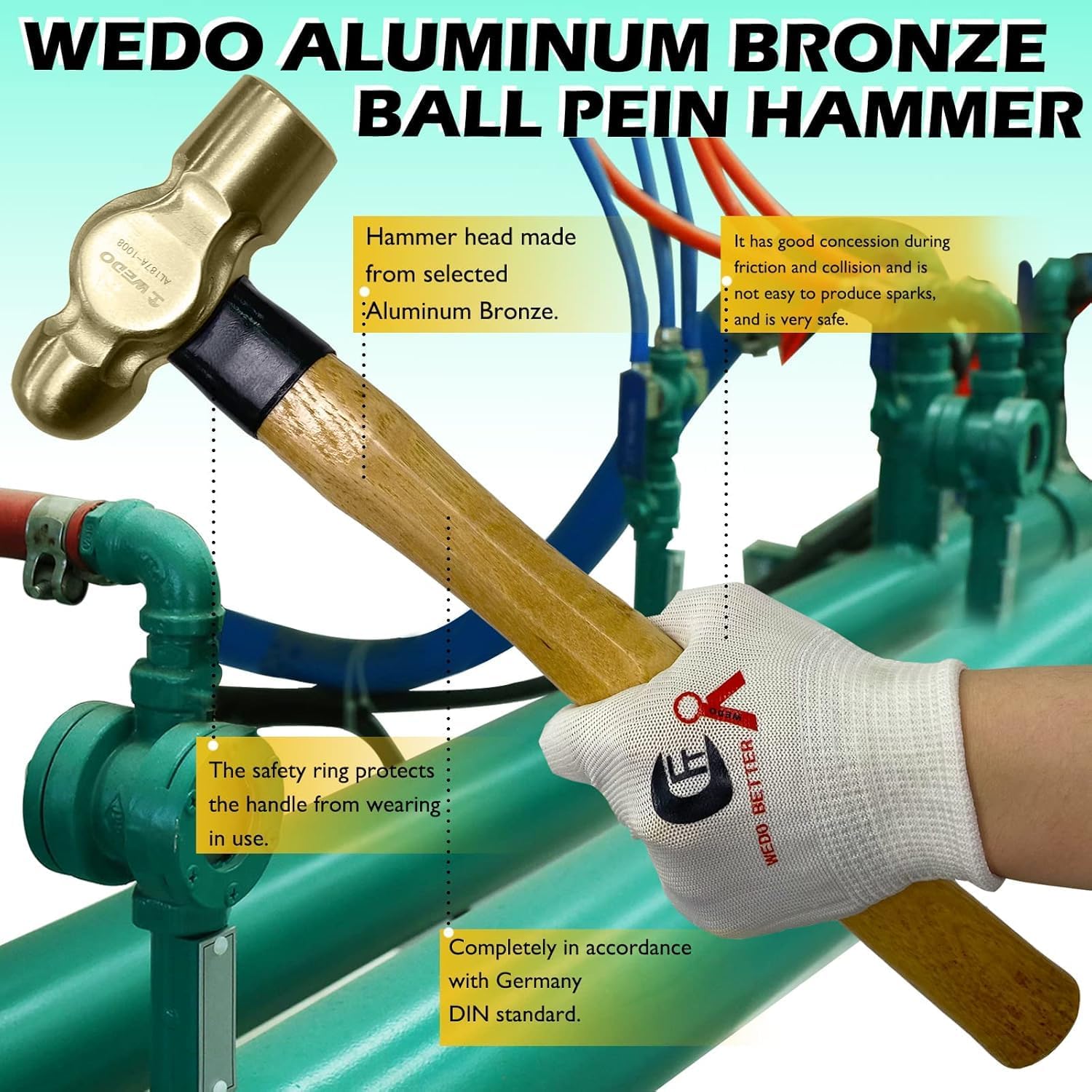 WEDO 3 martillos de bola de 1/2 libras + 3/4 libras + 1 libra sin chispas martillo de bola con mango de madera, bronce de aluminio, forjado a presión, resistente a la corrosión, certificado BAM y FM