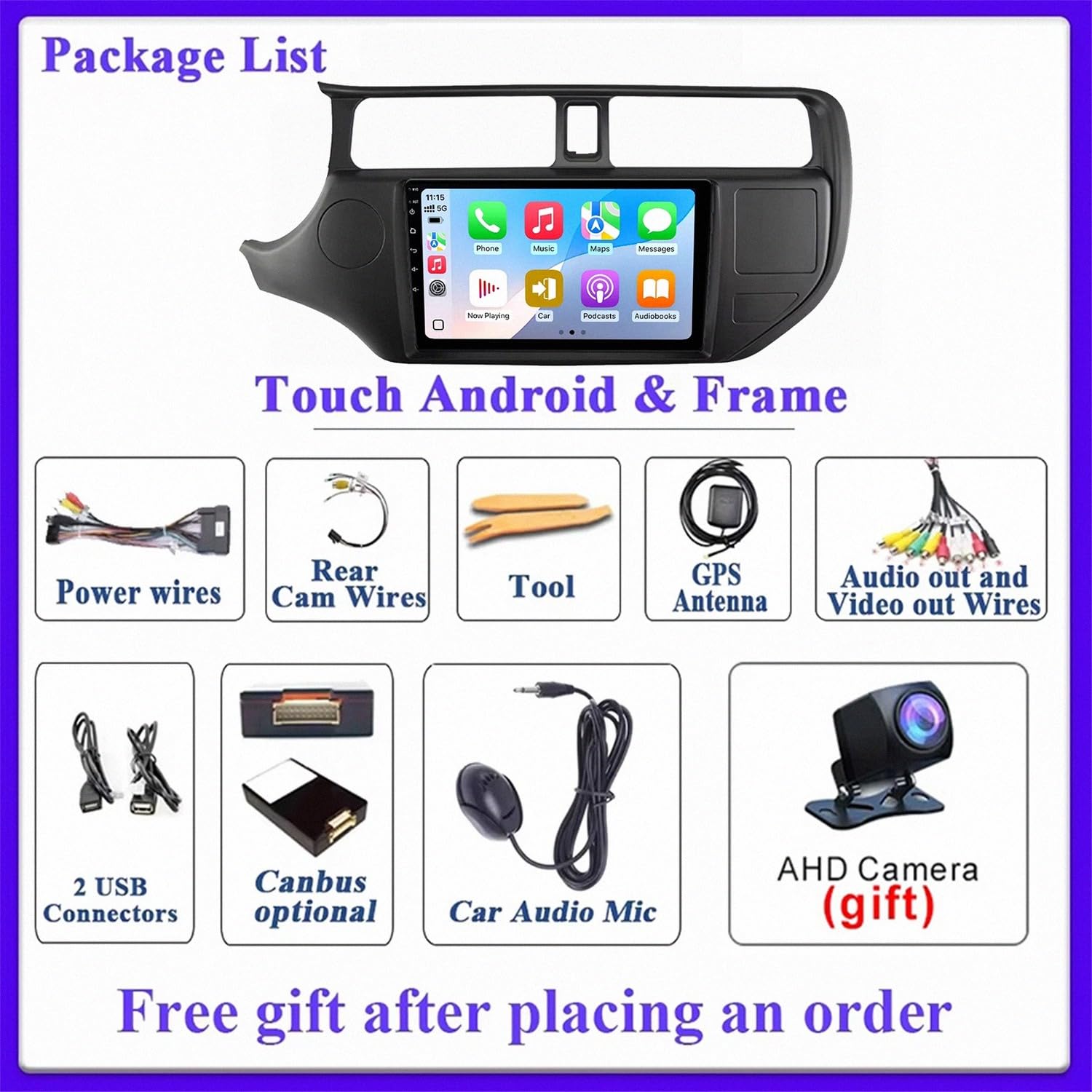 Radio Macchina Touch Screen per KIA Rio 2011-2015 Wireless Carplay Android Auto Stereo Auto Bluetooth Ips con Pantalla Táctil con Gps, 4 Nucleo 2G+32G