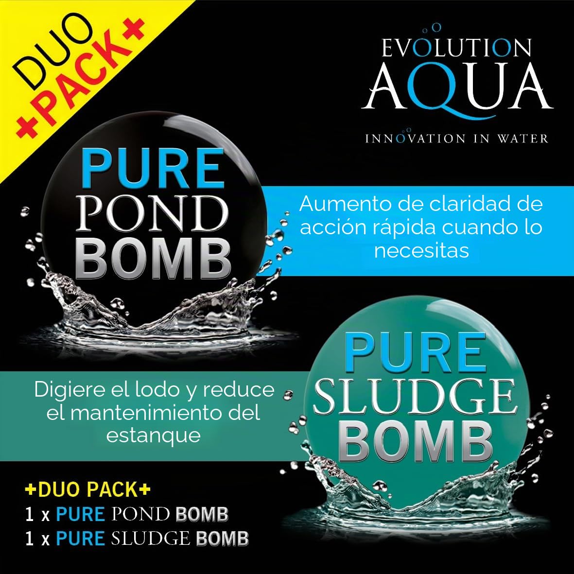 Evolution Aqua Pure Duo Pack - Bomba de estanque y bomba de lodo para estanque, tratamiento de agua transparente, removedor de lodos de estanque, paquete económico Duo ofrece un tratamiento natural