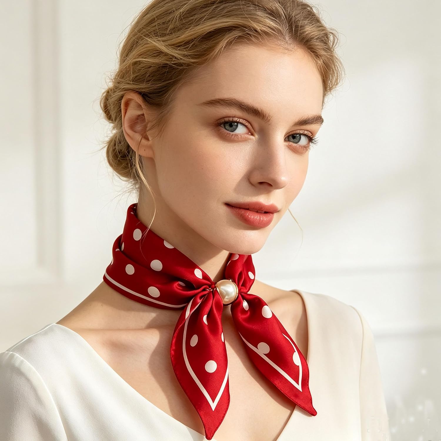 Women's Satin Neck Scarf with Magnetic Pearl Buckle Necklace Scarves image 2