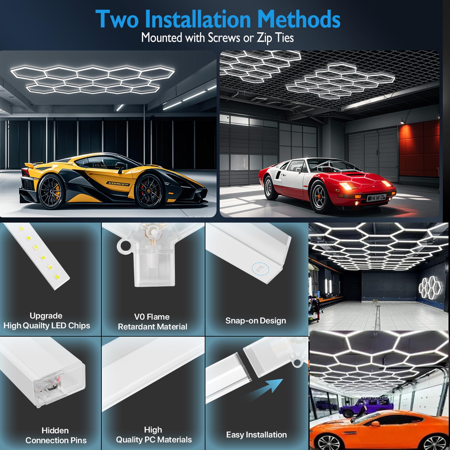 14-Hexagon LED Garage Light 600W 60 800LM Honeycomb Ceiling Light with T5 Tube Rectangle 6500K Ultra Bright Hexagon — view 6