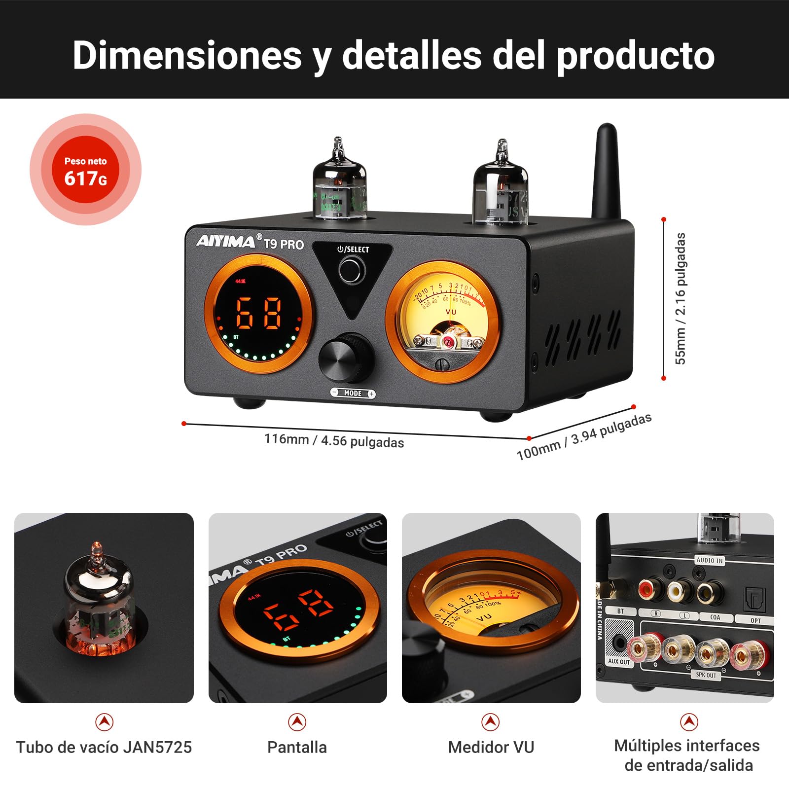 Amplificador de válvulas AIYIMA T9PRO JAN5725 100 W x 2 TPA3250 Estéreo USB DAC Amp QCC3040 Bluetooth aptX HD COAX/OPT Amplificadores digitales de audio doméstico Hi-Fi con medidor VU