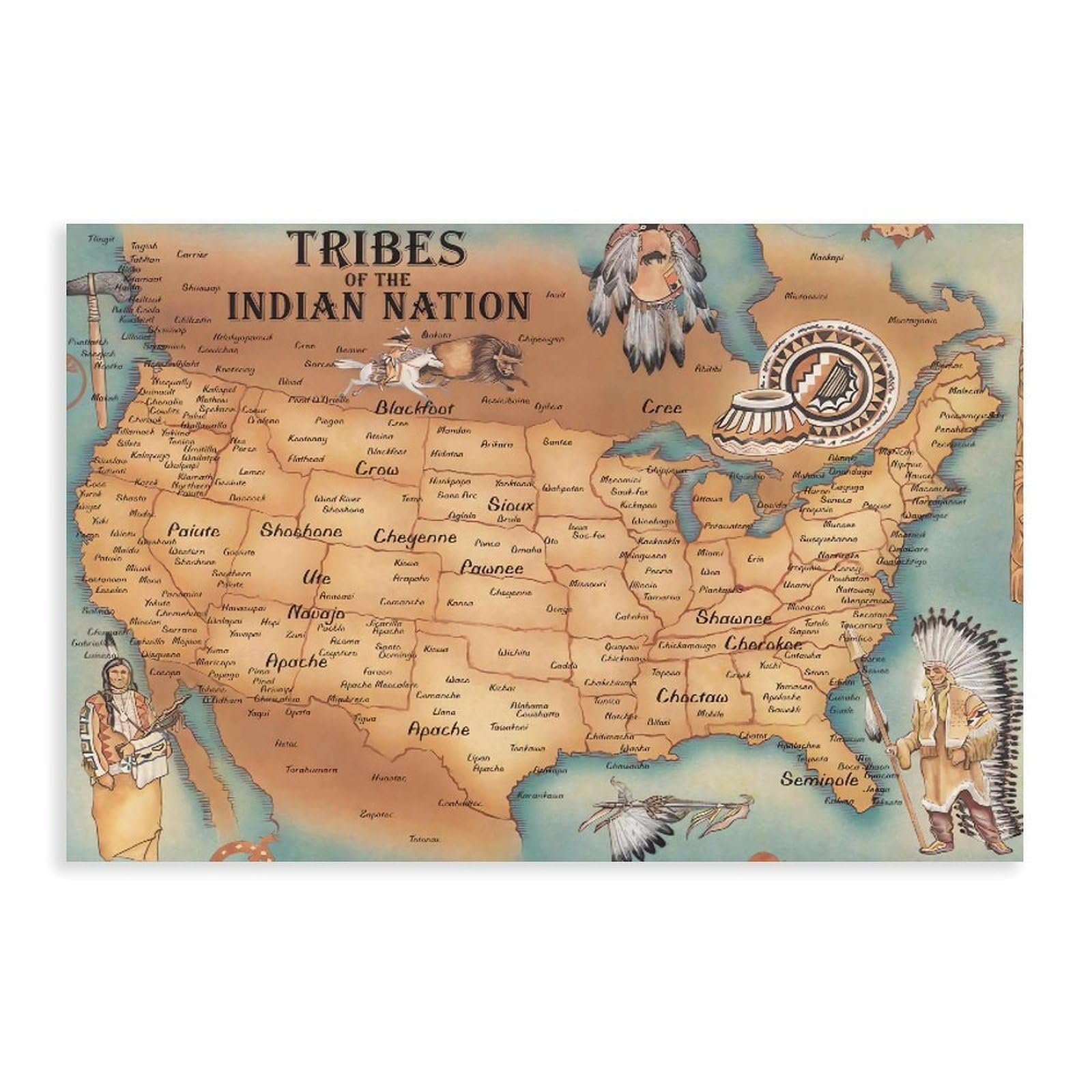 QNVJQKDSI Native American Tribes Map of North America，American History Vintage Canvas Poster Wall Art Decor Print Picture Paintings for Living Room Bedroom Decoration 16" L X 24" W