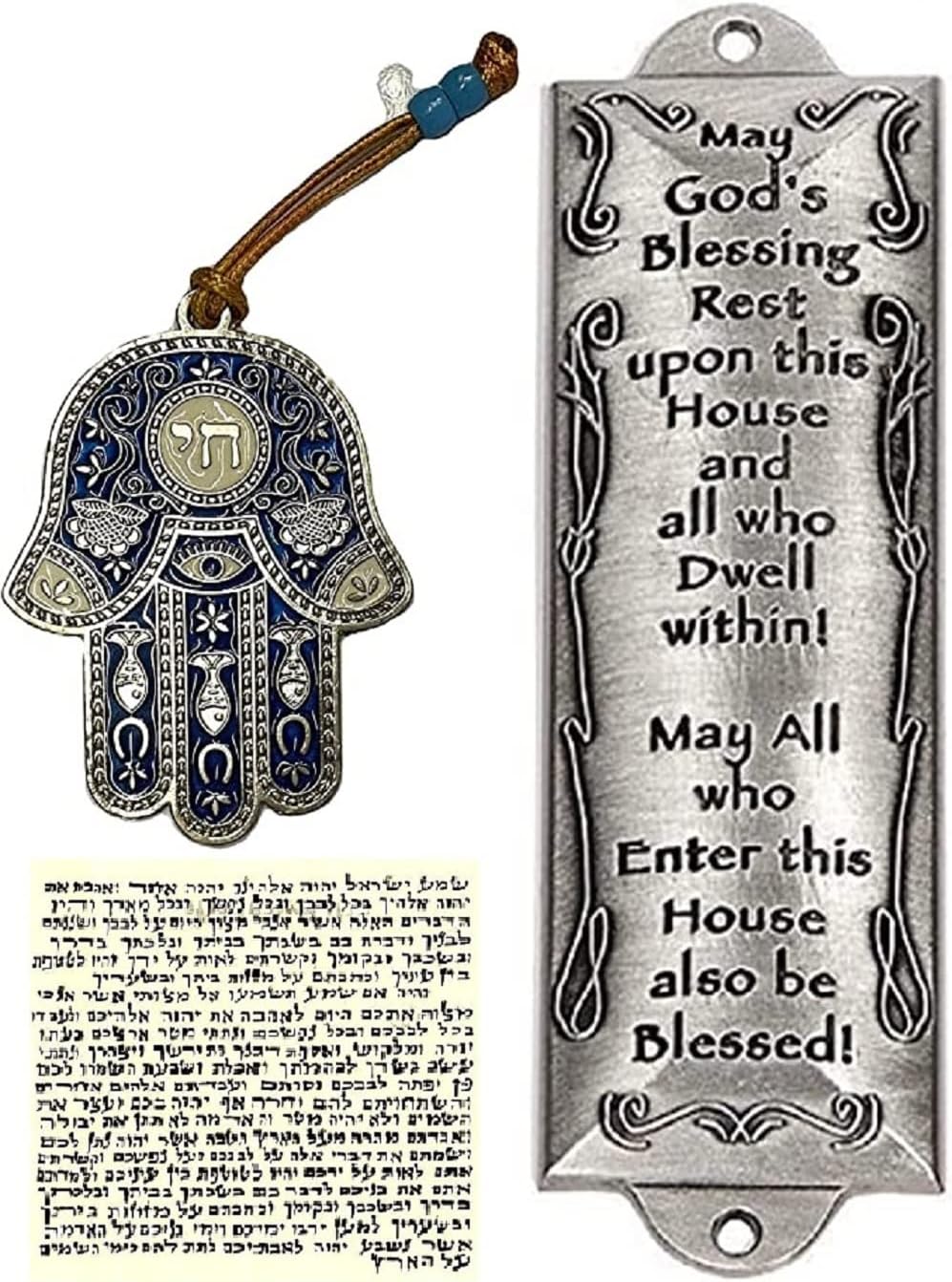Rox House Blessing, Pewter Mezuzah Plaque, Bless this House, Jewish Antiques + Evil Eye Hamsa, Lucky Hamsa Hand, for Good Luck, Protection and Success, Grey