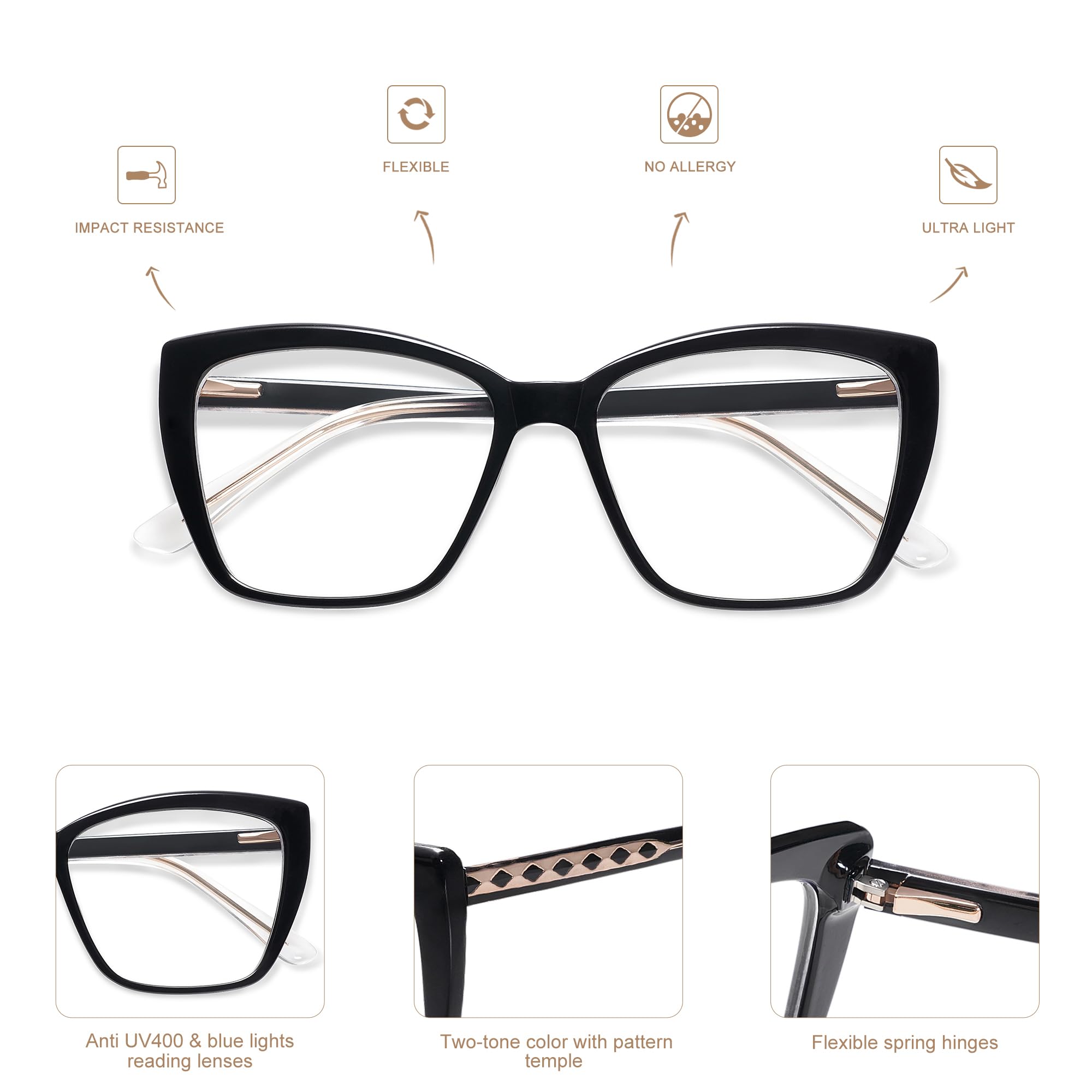 AMOMOMA Modne okulary do czytania TR90 oversize niebieskie światło damskie, stylowe kwadratowe okulary kocie oczy AM6031