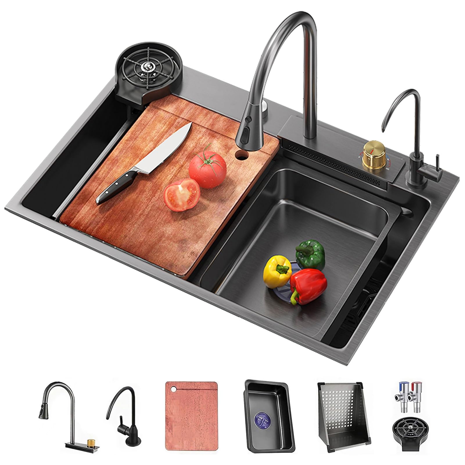 YADZISW Stainless Steel Workstation Sink with Waterfall Faucet Nano Coated Topmount Single Bowl Deep & Large Capacity Digital Display Multi Purpose Kitchen (Black A 80cm)