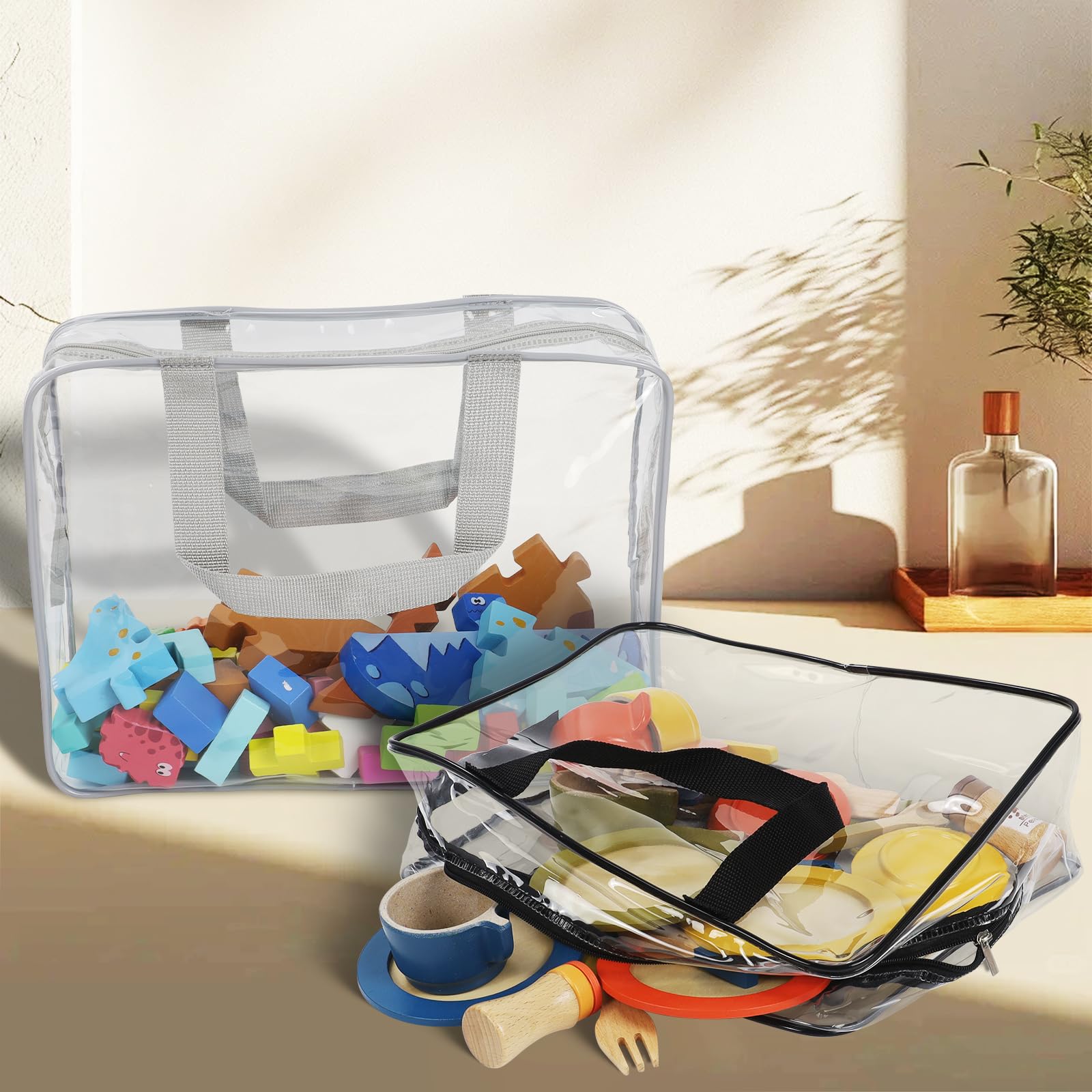 8 bolsas grandes transparentes de almacenamiento de juguetes con cremallera, reutilizables, de PVC, impermeables, organizadoras de juguetes con asa portátil para bloques de construcción, rompecabezas