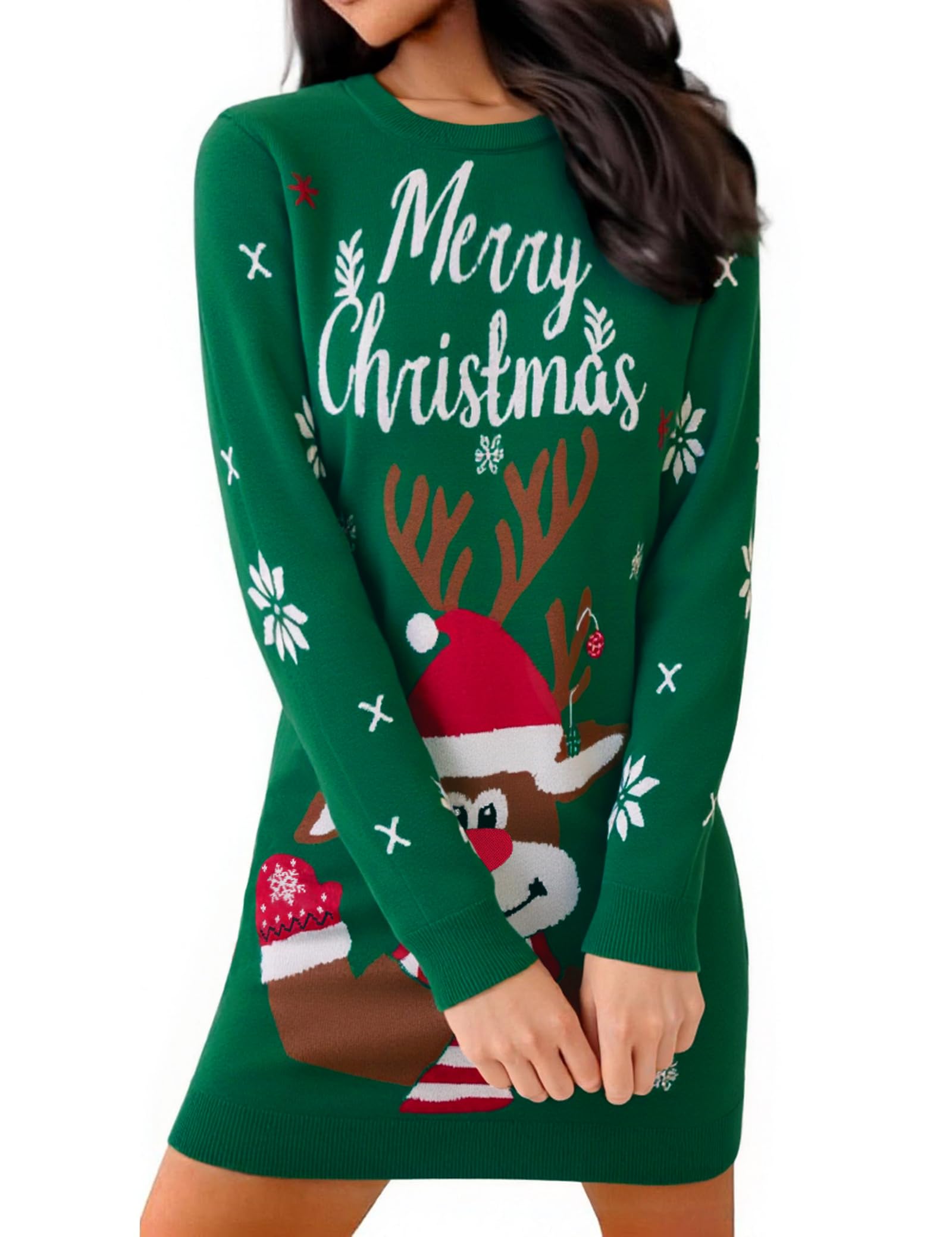 Gyabnw Vestito Maglione Natalizio Donna con Renna | Girocollo, maniche lunghe, linea aderente, per feste, Natale e look invernali